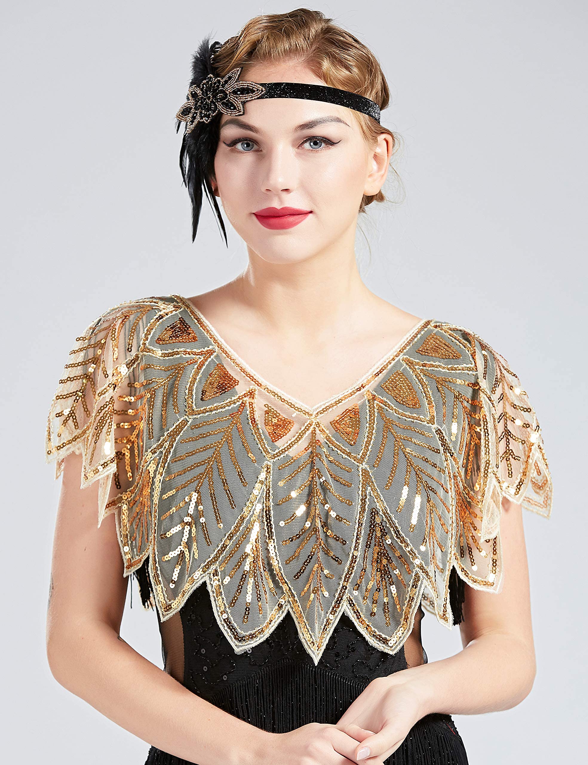TERRIFITERRIFI 1920s Shawl Wraps Sequin Beaded 1920s Accessories Evening Cape Bridal Shawl Bolero Flapper Cover Up Great Gatsby Dresses for Women