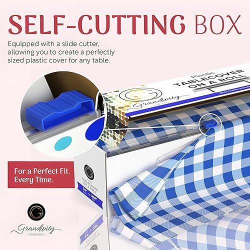 Miniatura 2 de Grandipity Rollo de mantel de plástico, 54 x 300 pies, manteles de plástico a cuadros azules para fiestas, desechable con caja de corte, mantel de