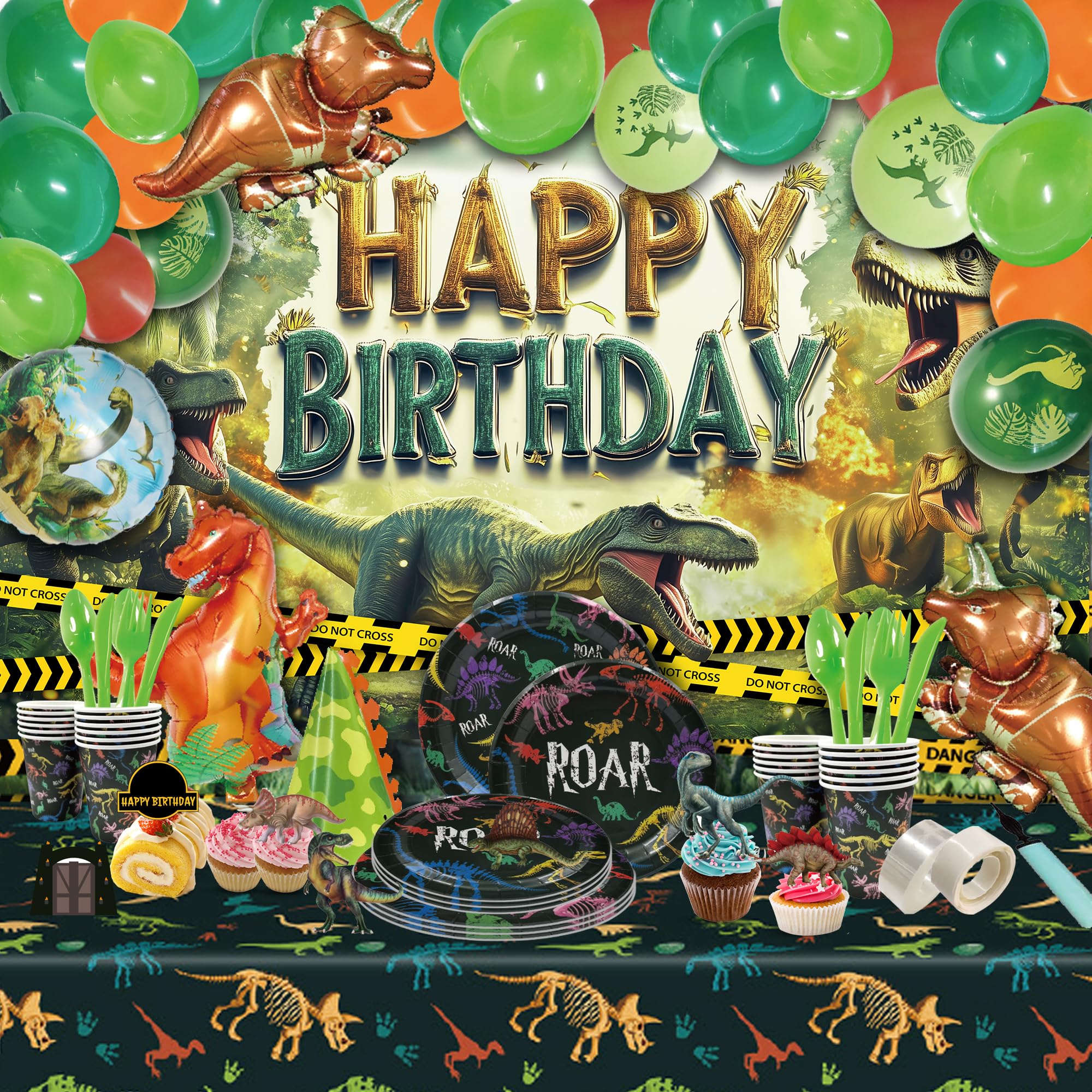 Party Spot!149 pcs Dinosaur Birthday Decorations, 12 Tableware Sets, Balloon Garland, Backdrop, Hanging Swirls, Dinosaur Birthday Party Decorations