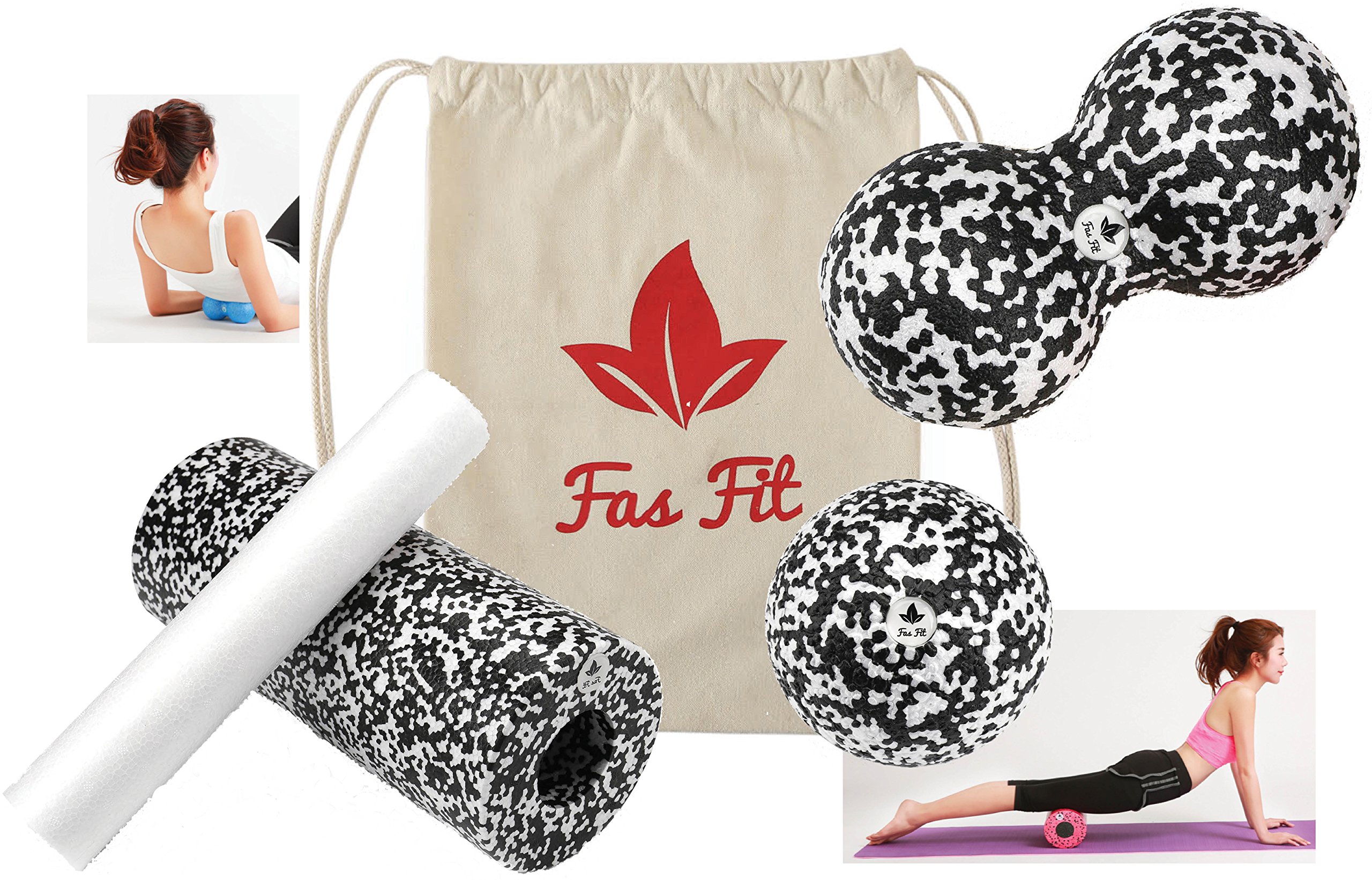 Set fitness per massaggio profondo del muscolo2 rulli, sacca di cotone, quaderno con esercizi da 16 pagine, eBook (lingua italiana non garantita)., FF-107, S/W (Härtegrad: Mittel) - 4 in 1 Set
