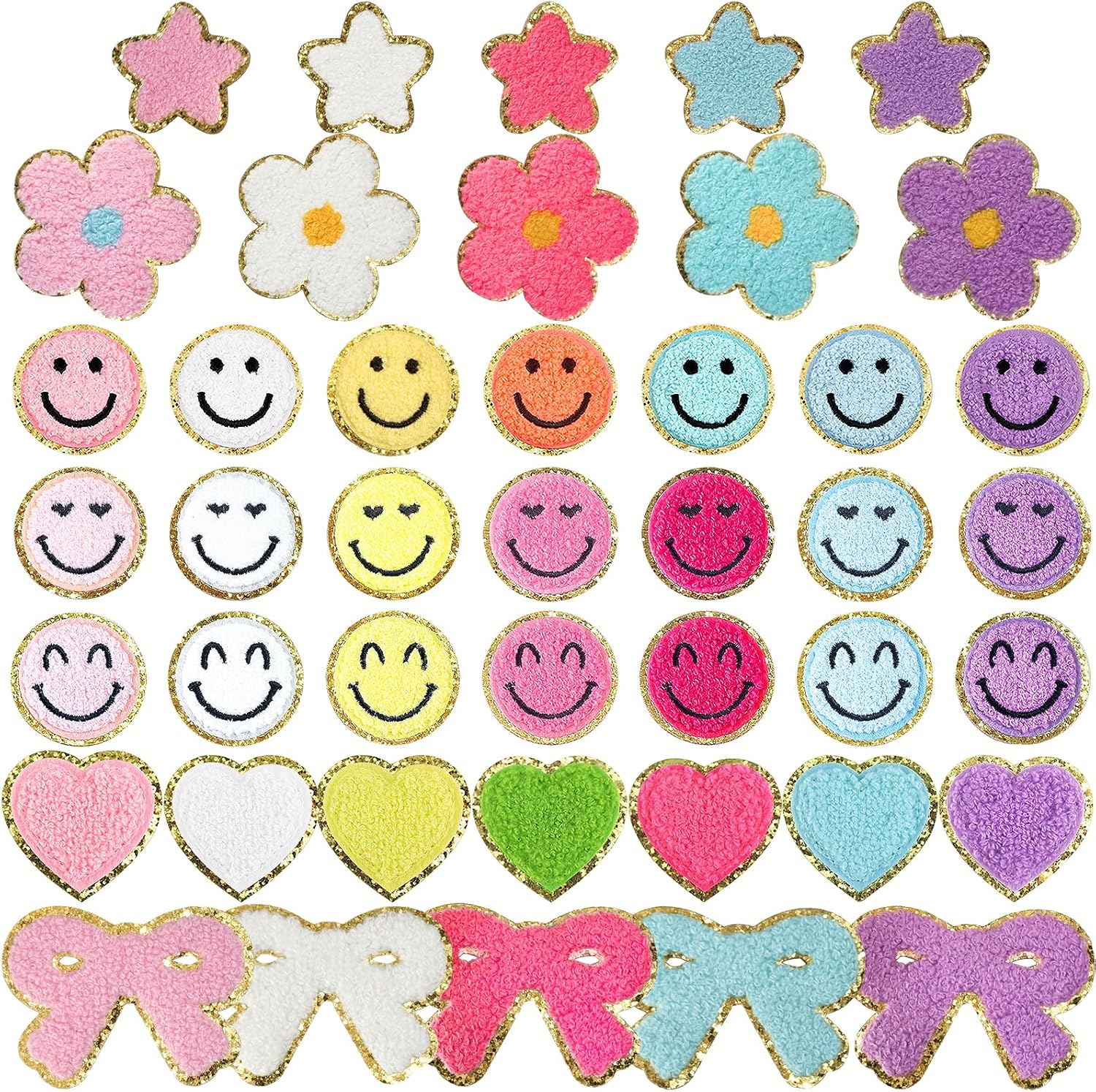 43 Pcs Chenille Letter Patches Self Adhesive Iron on Patch 3D Cute Embroidered Star Smile Face Heart Bow Applique Sewing Badges Patch for Fabric Clothing Jacket DIY