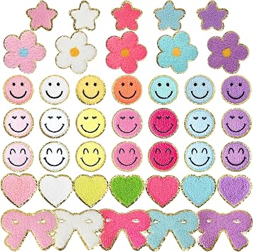 43 Pcs Chenille Letter Patches Self Adhesive Iron on Patch 3D Cute Embroidered Star Smile Face Heart Bow Applique Sewing Badges Patch for Fabric Clothing Jacket DIY