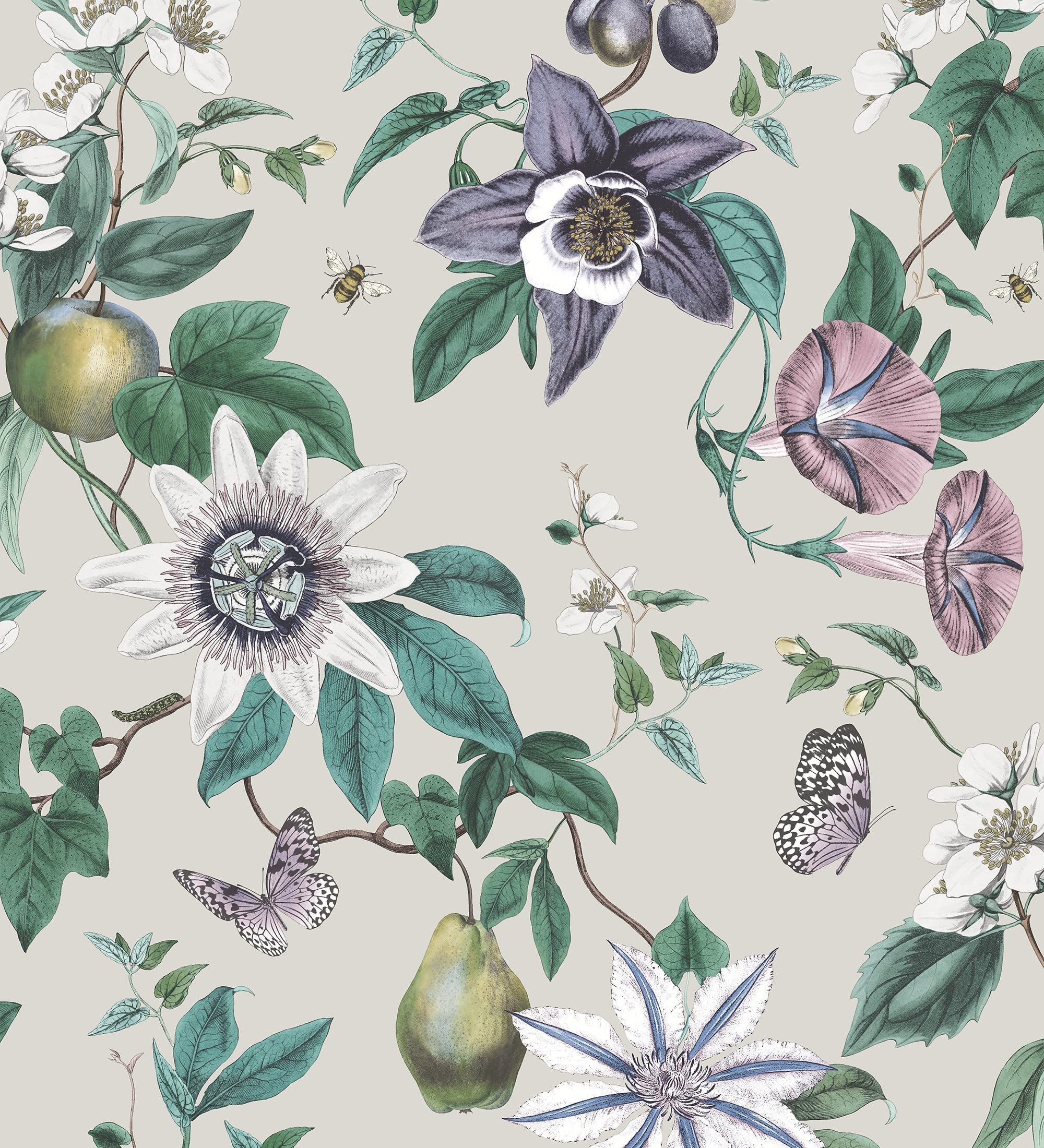 GAULAN 681966 - Papel pintado de flores y frutos fondo nácar beige para pared salón dormitorio pasillo comedor - Rollo de 10 m x 0,52 m