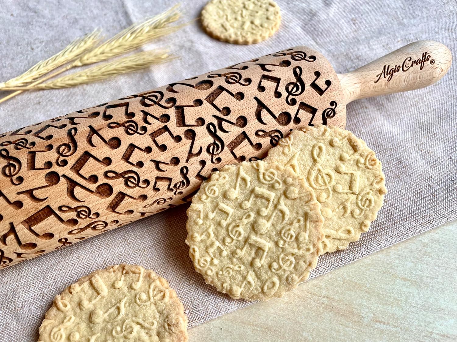 Rolling pin MUSIC NOTES. Wooden embossing rolling pin with Oriental flowers. Embossed cookies. Pottery. Birthday gift. Gift for mother image 4