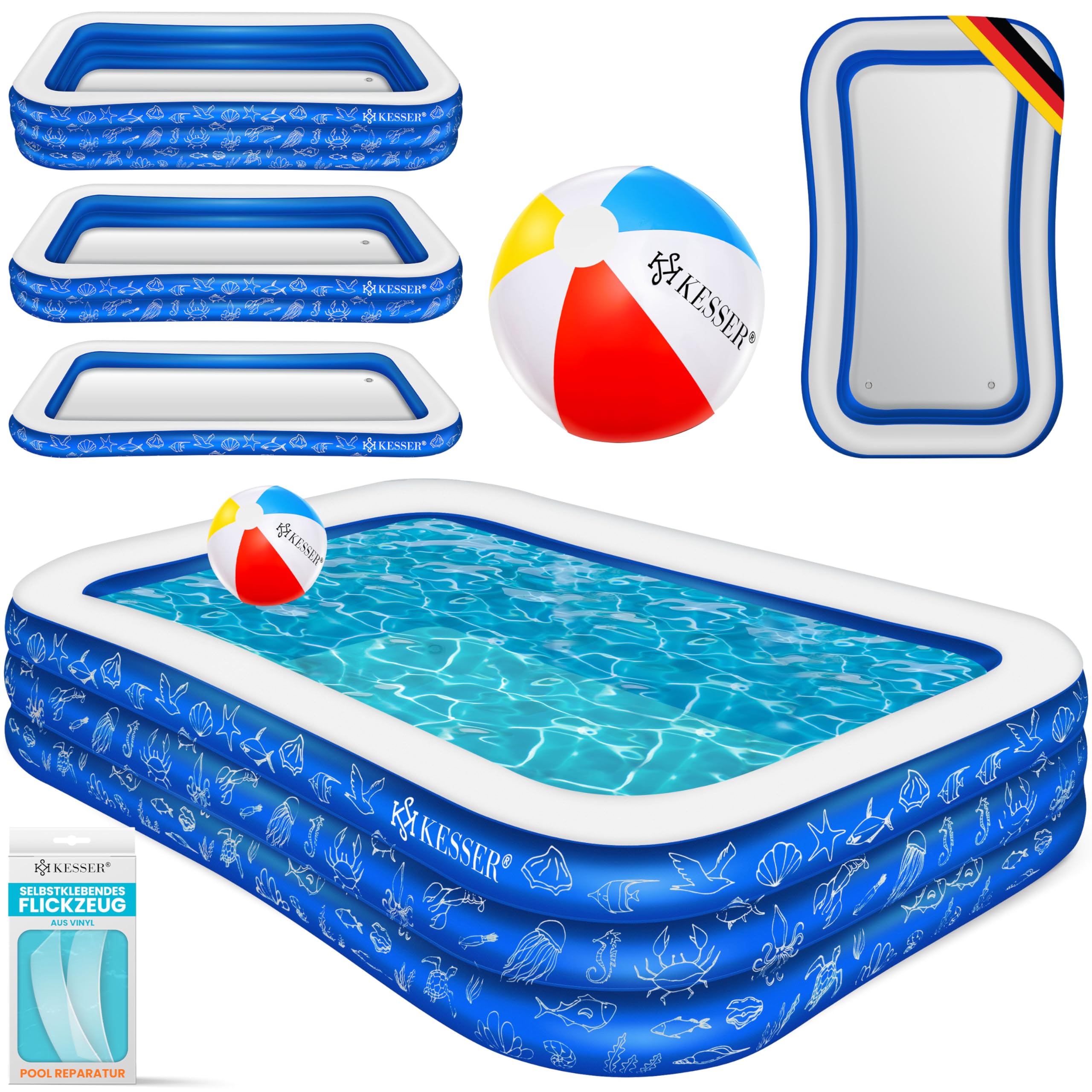 KESSER® Aufblasbarer Pool Familienpool für Kinder und Erwachsene Gartenschwimmbad Familienschwimmbad Sommer 240x142x56 cm Planschbecken 613 Liter Füllmenge Kinderfreundlich Inkl. Flickzeug & Ball