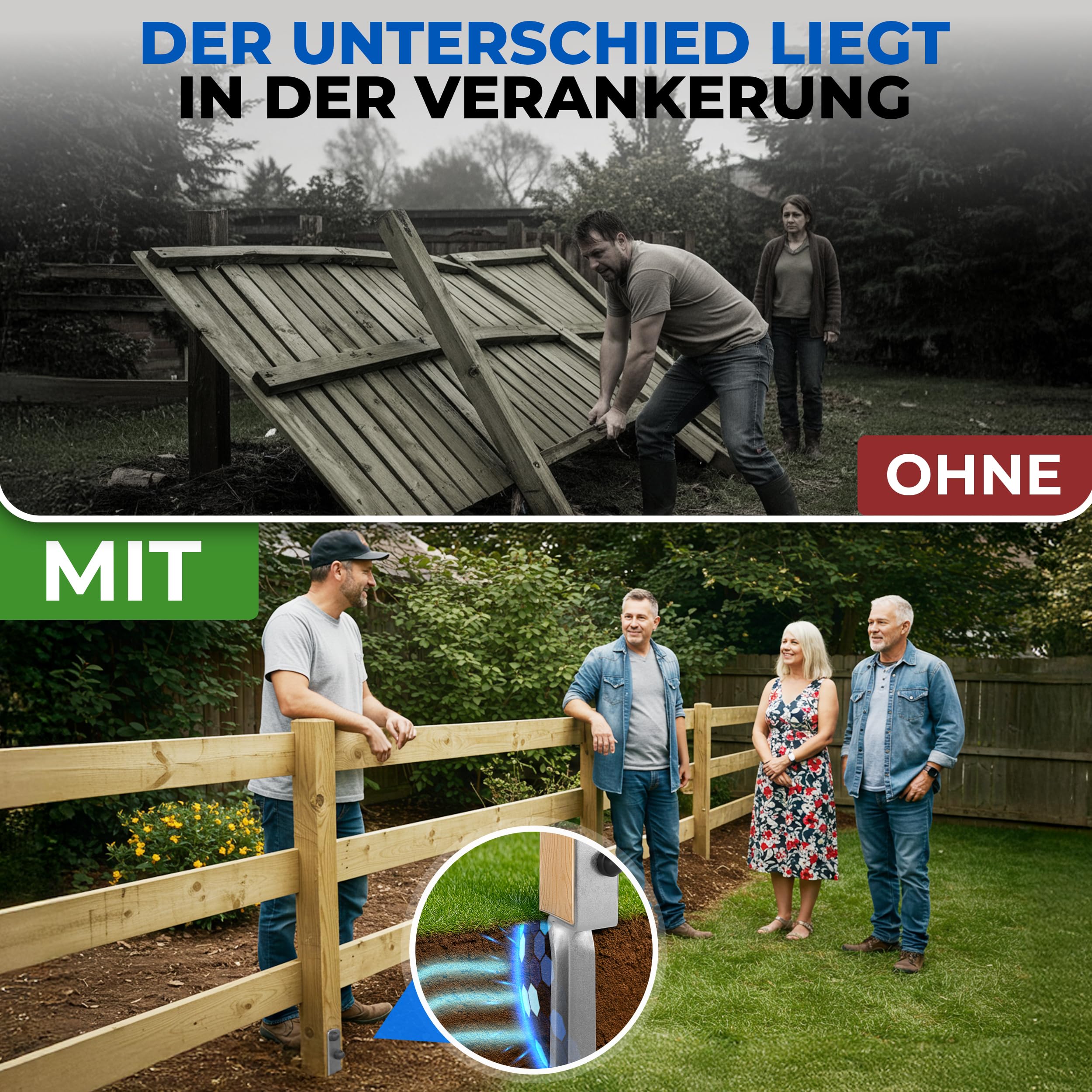 Bodenanker für Holzpfosten Einschlaghülse Z-Form 50,5 cm, 4er Set, 5 mm Stahl feuerverzinkt, V-Spitze, Made in EU, inkl. Schrauben & Sicherheitsabdeckkappen, für Schaukel Spielturm Holzpfosten
