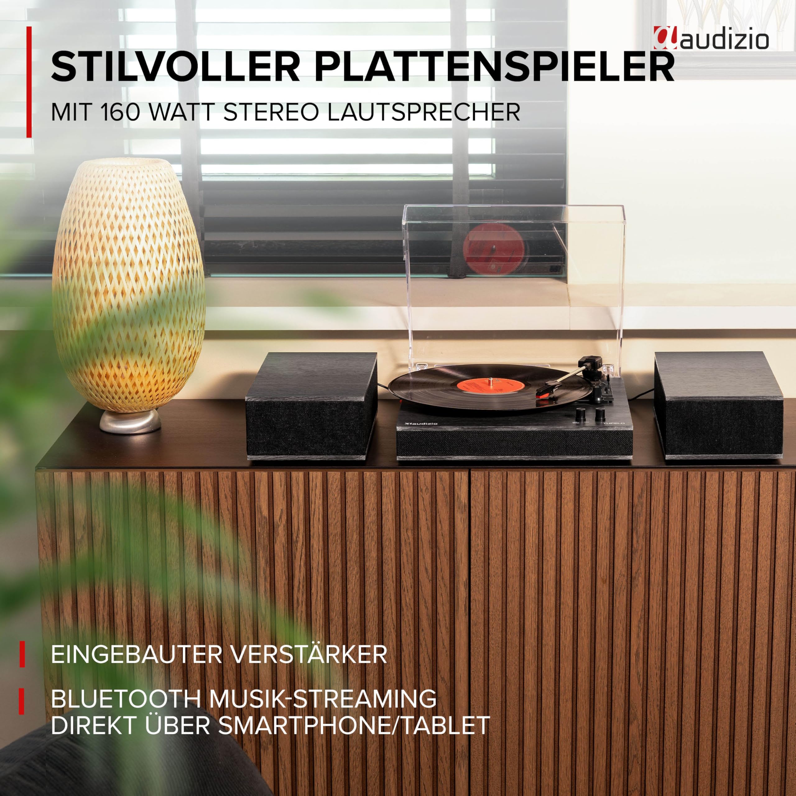 Audizio Tupelo - Plattenspieler mit Lautsprecher & Bluetooth, Schallplattenspieler Set mit Verstärker, 3 Gang (33/45/78 RPM) - 120 Watt Vinyl Player mit 2 Stereo Lautsprecher, Gramophon - Schwarz