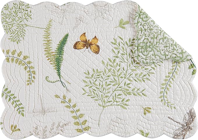 Rectangular Cotton Quilted Placemat, Set of 6 Spring Butterfly Plants Fern Green White Damask Rectangular Placemat Set of 6 Green