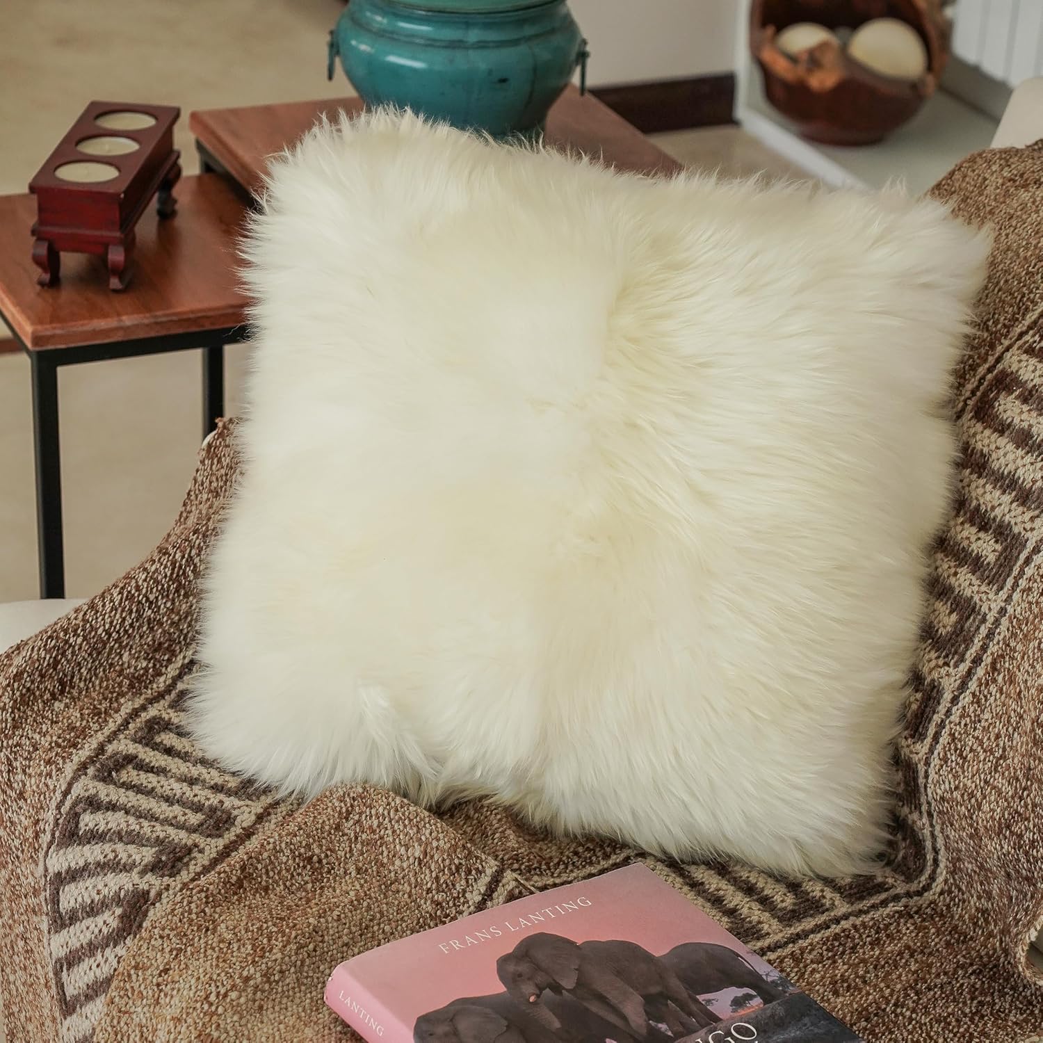 Premium 100% Genuine Sheepskin Throw Pillow Cover (16” x 16”) – Luxurious White Soft & Fluffy One-Sided Decorative Cushion for Sofa and Bedroom - Made in Argentina
