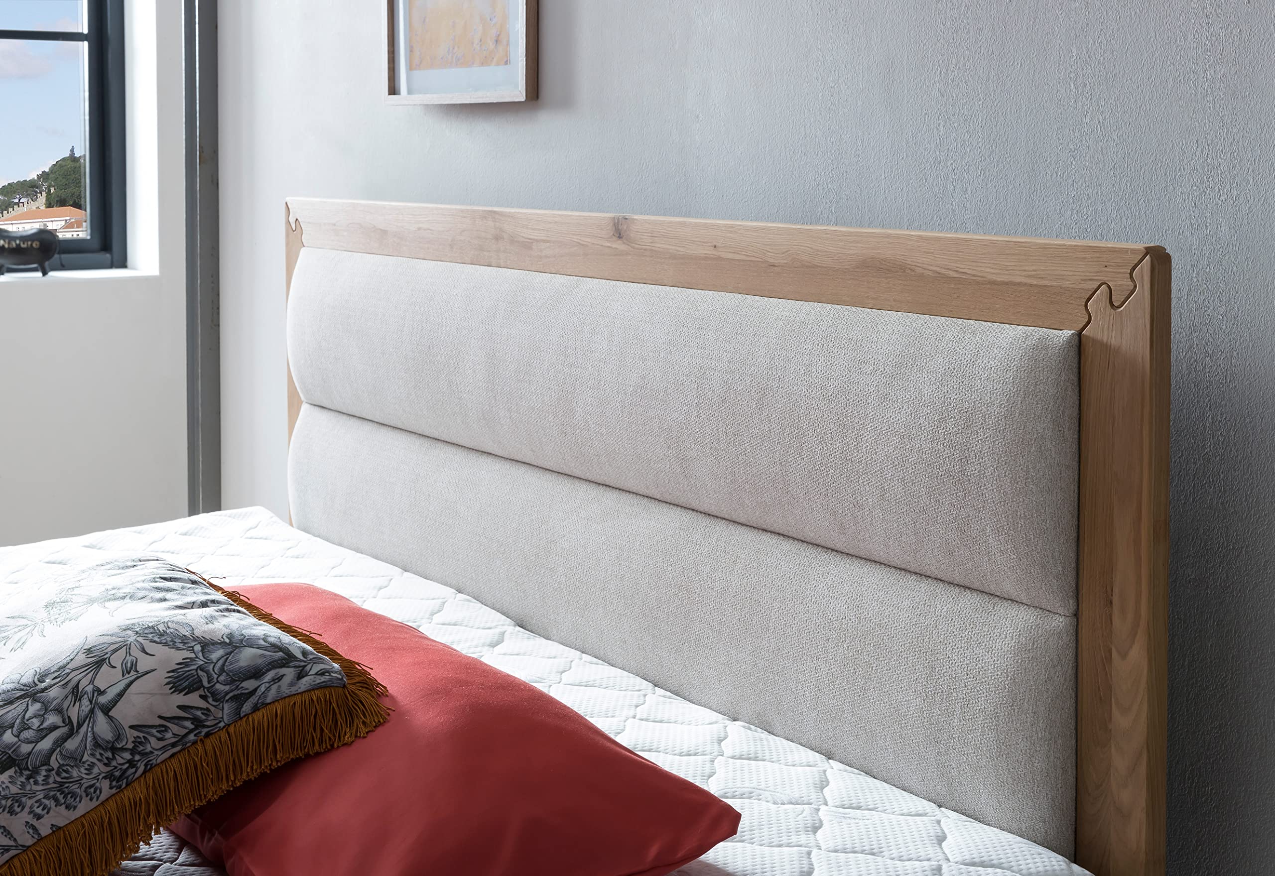 Belanoti Age Boxspringbett 180x200 Eiche 7-Zonen Taschenfederkern Matratze inkl Visco Topper Bett 180x200 in der Farbe Beige H2/H3 Polsterbett Hotelbett mit Massivholz Eiche Massivholzbett