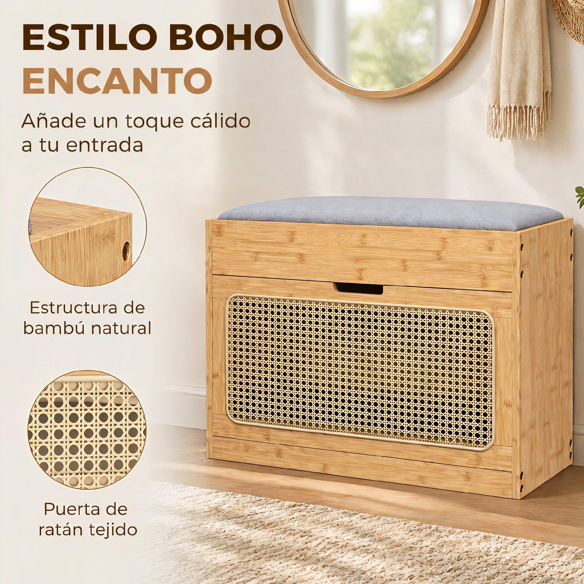 HOMCOM Banco Zapatero con Asiento Acolchado 63x29x48 cm Natural y Gris | Banco Recibidor, Cajón Abatible, Puerta de Ratán, Estante Ajustable, para Entrada, Pasillo, Salón