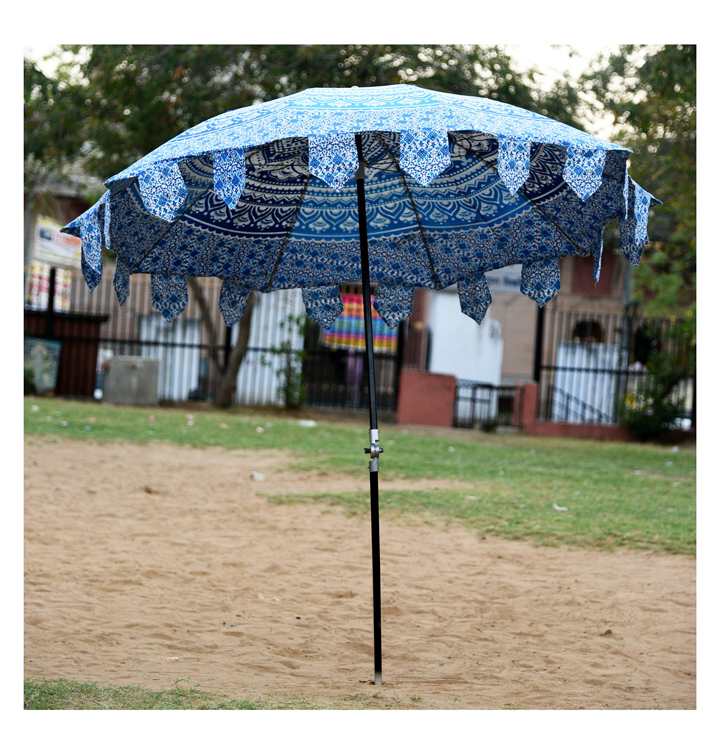 Handicraft-Palace Blue Ombre Mandala Printed Beach Garden Hotel Umbrella Cotton Large Outdoor Resort Lawn Umbrella Round Patio Parasol 3