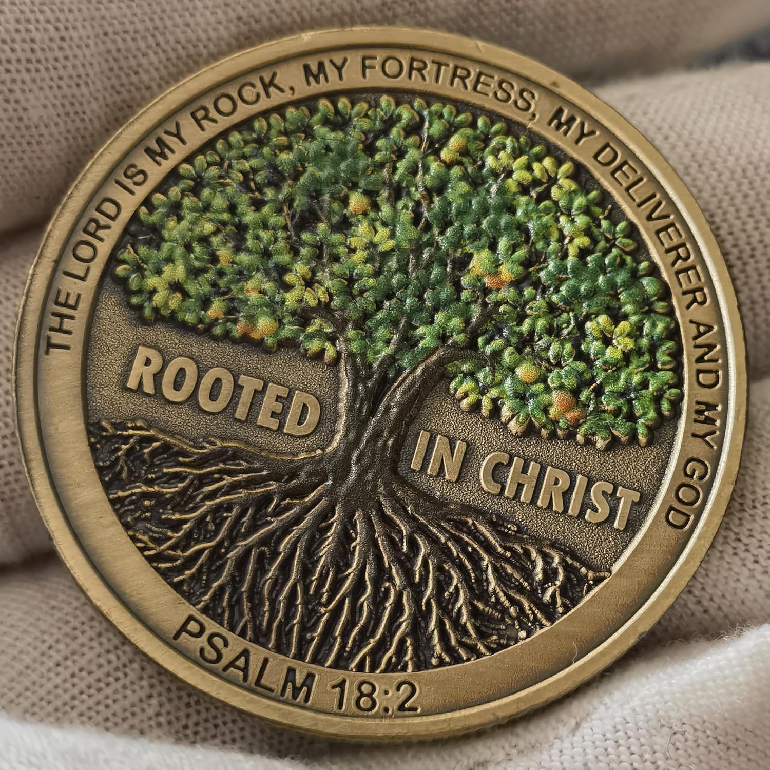 Rooted in Christ The Lord is My Rock, My Fortress, My Deliverer Faith-Based Christian Challenge Coin Bible Verse Gift (Pack of 10)