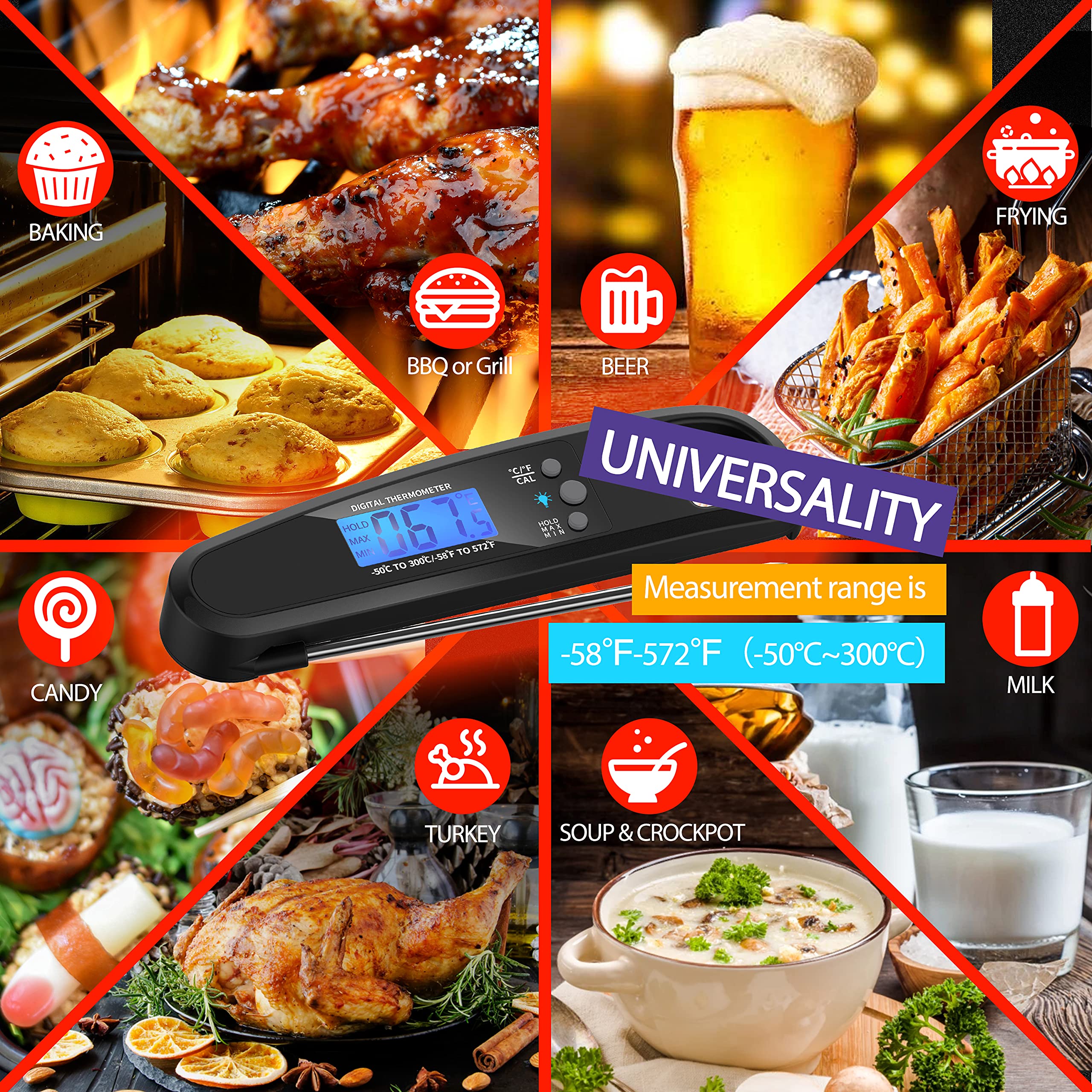 POWLAKENXS Instant Read Meat Thermometer for Kitchen Cooking, Ultra Fast Precise Waterproof Digital Food Thermometer with Backlight, Magnet and Foldable Probe for Deep Fry, Outdoor BBQ, Grill (Black)