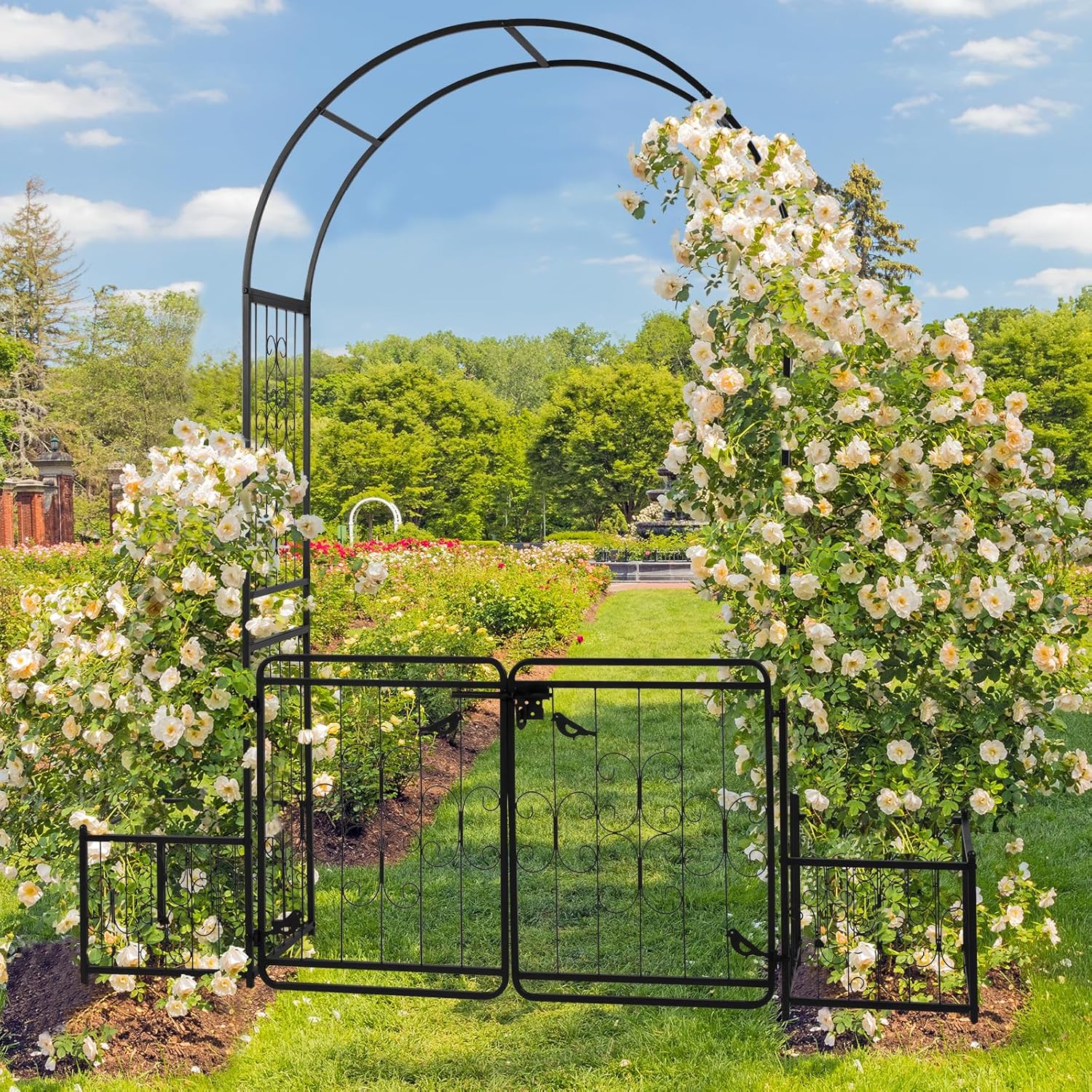 Courtyard Arc Top with Door &Planting Frame,Metal Arbor Arch Door with Gate,Wedding Arches Archway for Ceremony Party Garden Trellis Arbor for Patio Bakcyard Yard Lawn Climbing Plants,Black Iron