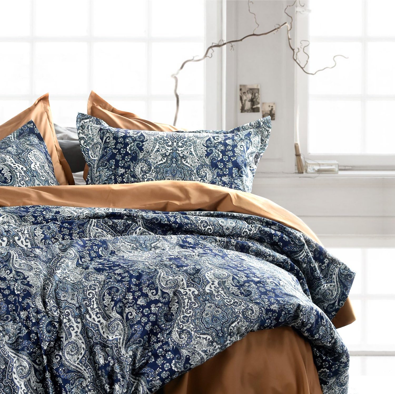 Eikei Home Damask Medallion Luxury Duvet Quilt Cover Boho Paisley Print Bedding Set 400 Thread Count Egyptian Cotton Sateen Vibrant Bohemian Pattern (Midnight, Queen)