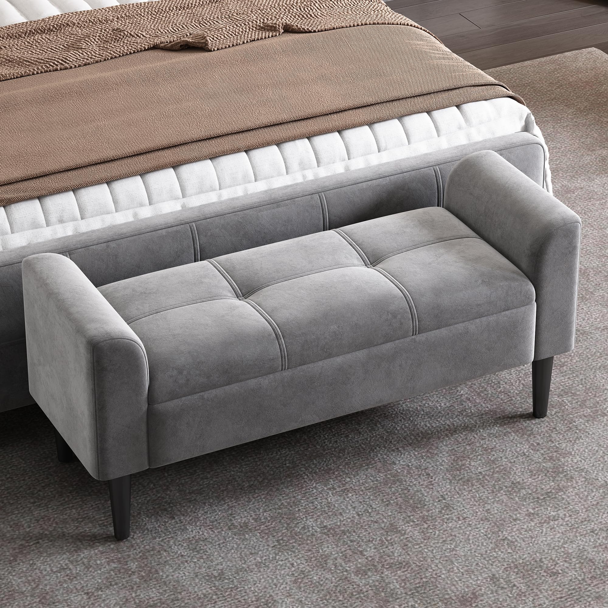 Panca Imbottita con Braccioli in Velluto, Bettbank con Steppmuster e Contenitore, MDF, Multiuso per Camera da Letto, Pianoforte ed Esszimmer, Grigio, 116 x 44 x 56 cm