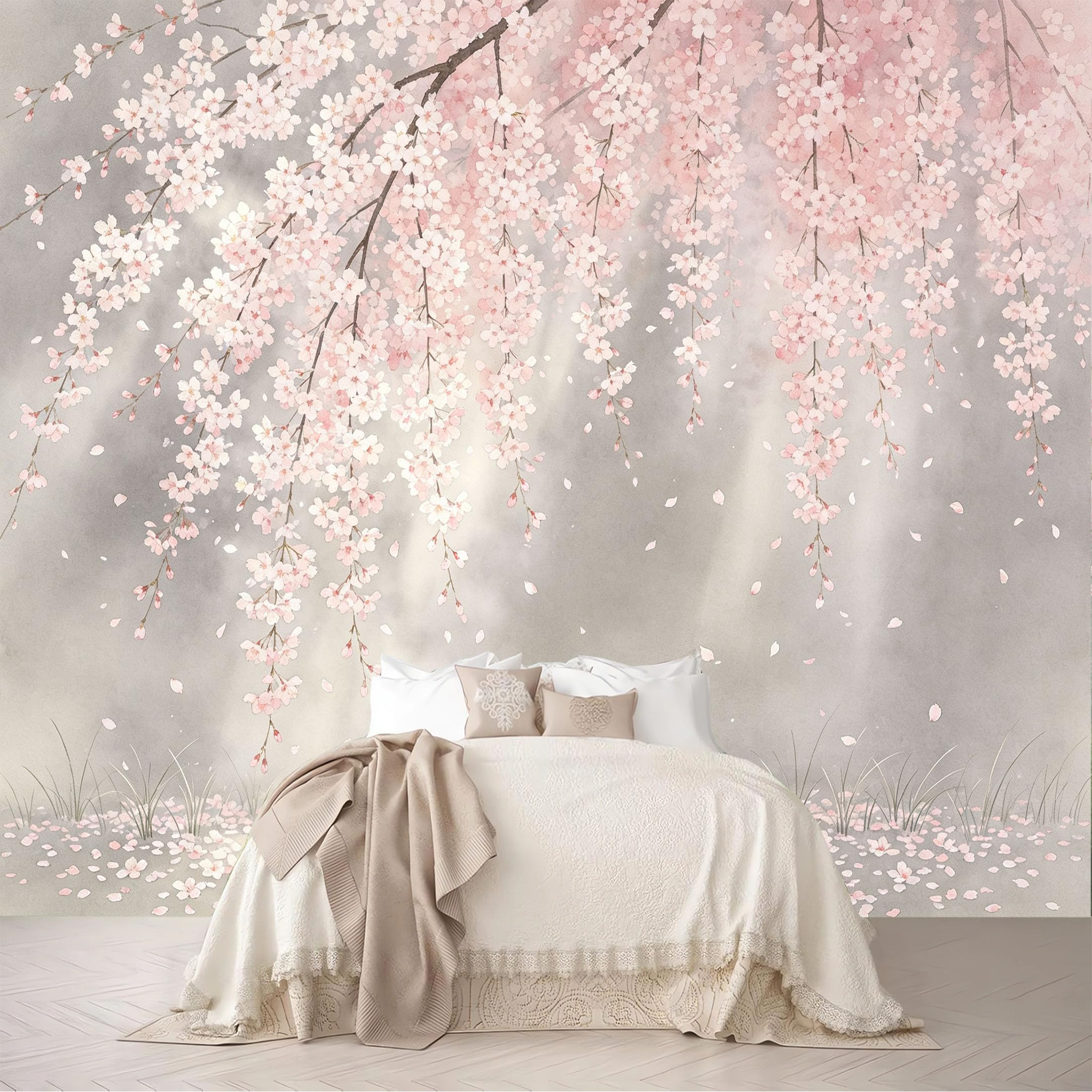 Dskjoviality Ab260706002 Custom Size Wall Mural Hanging Cherry Blossom Petal Watercolor Floral Scene Removable Self Adhesive Peel And Stick Wallpaper For Bedroom Living Room Dining Room