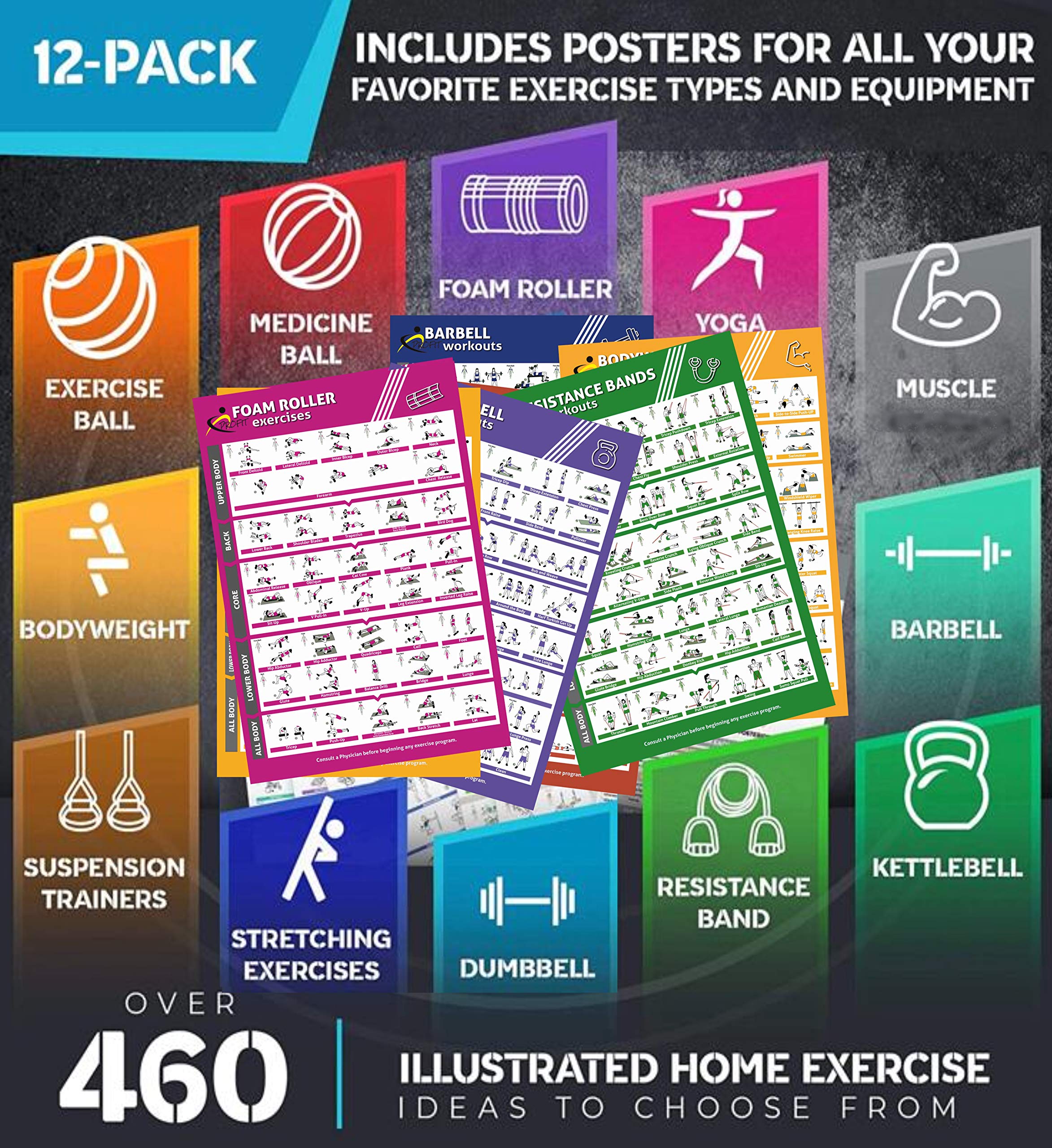 Profit Neue Sportübung Fitnessstudio zu Hause – 12 Fitness-Poster, laminierte Folie für Übungen für Männer und Frauen, elastische Bänder, Yoga, Kugelhanteln, Hanteln usw