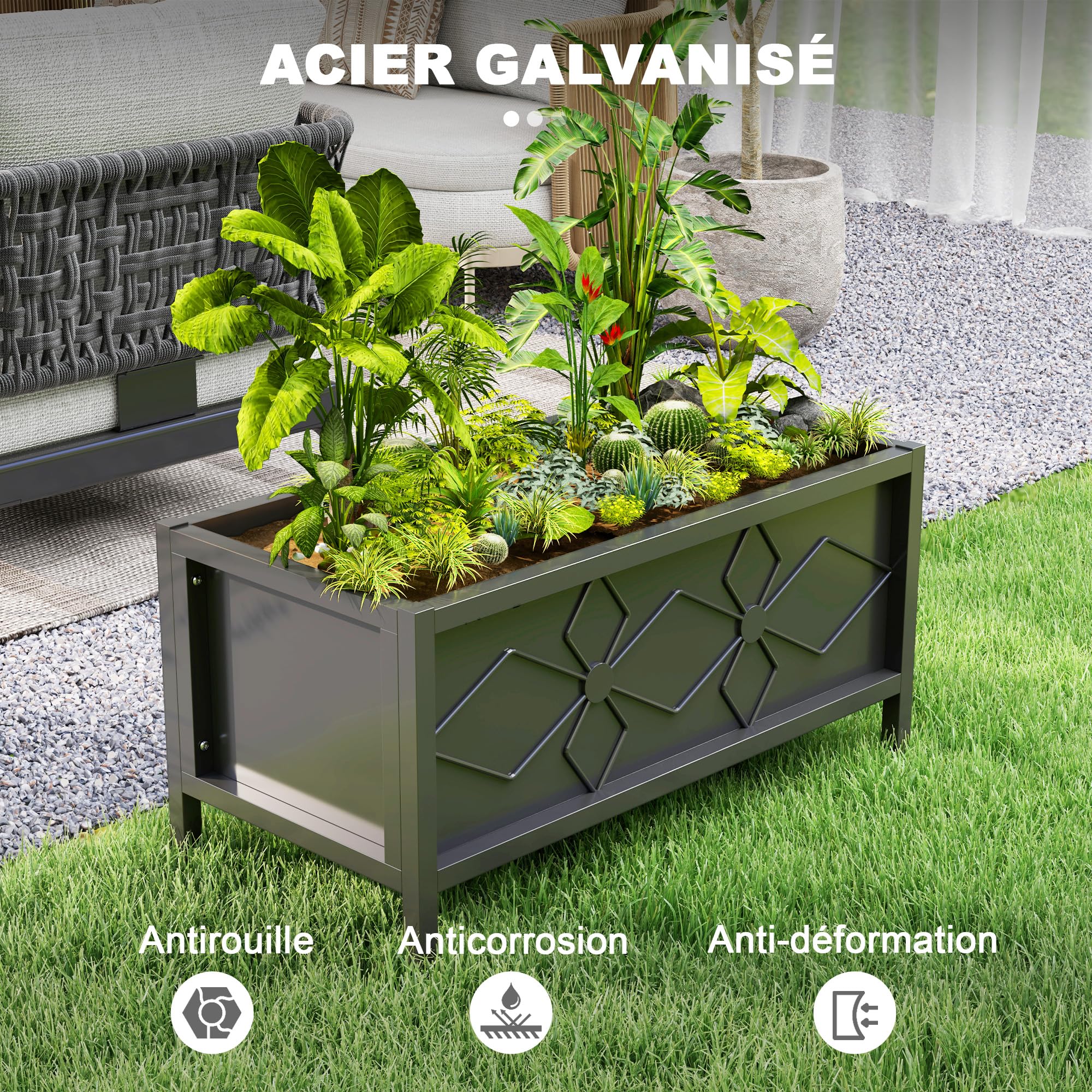 Outsunny Jardinière extérieure, jardinière surélevée galvanisée avec Bordure de sécurité, carré Potager de Jardin rectangulaire pour Fleurs, Herbes et légumes, 80 x 40 x 38 cm, Noir