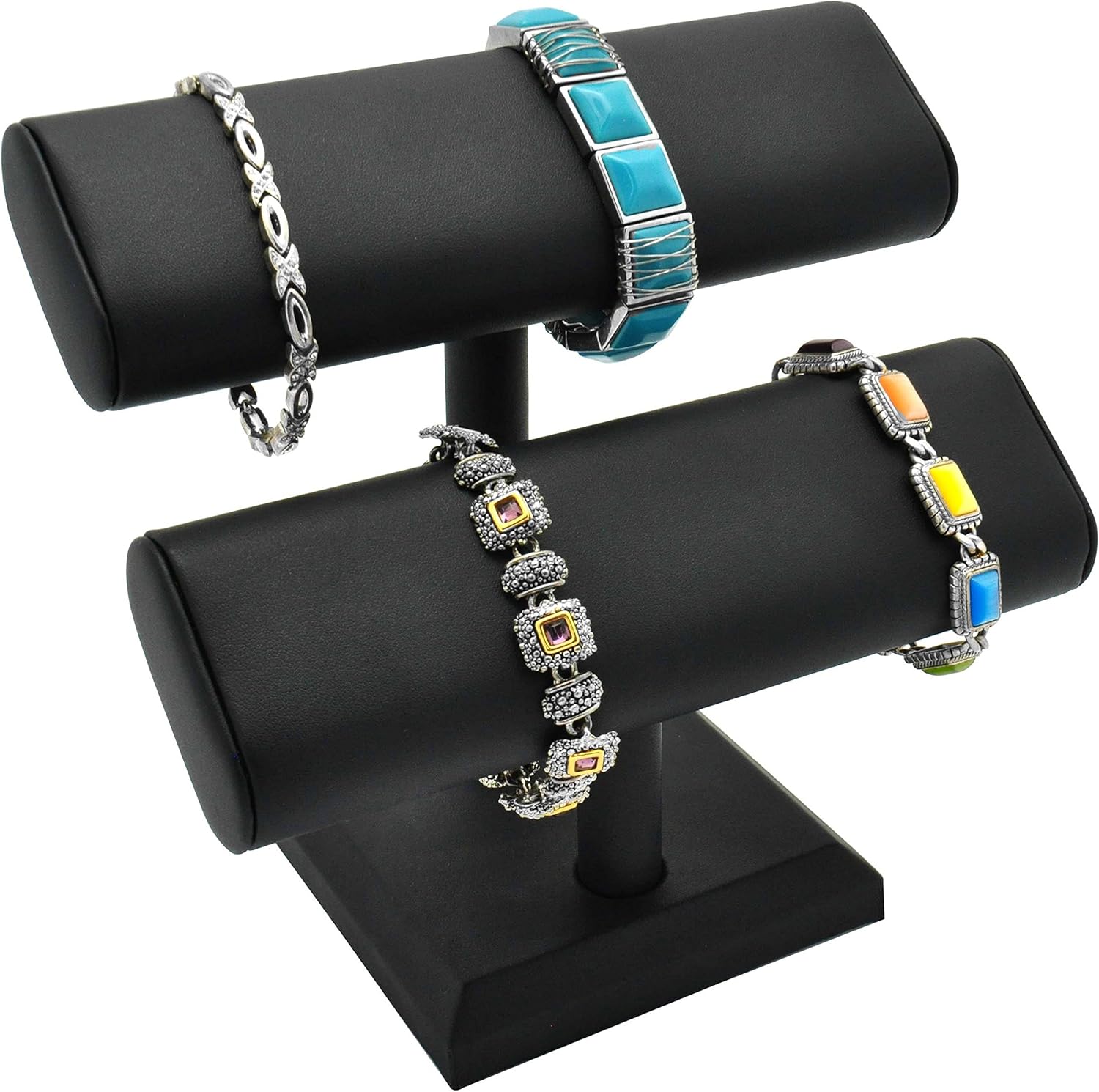 Black Leather Jewelry Bracelet/Watch/Bangle Display T-Bar ~ Two Tier