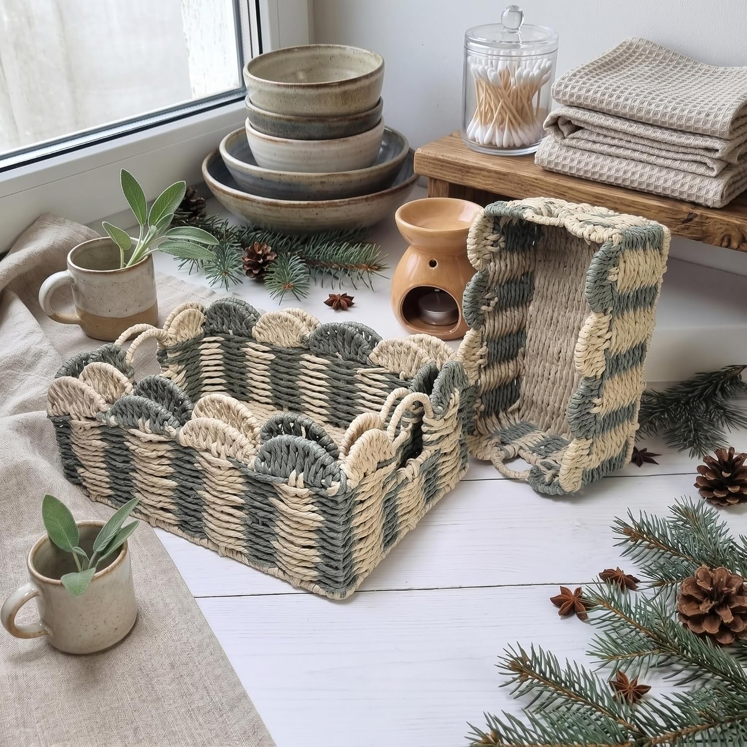 Hand-Woven Storage,Natural Paper Rope Basket,Square with Semicircle Desktop Organizer,Color Blocking Decor Basket for Home,Living Room,Shelf,Pet,Handcrafted with Iron Frame,Small&Middle&Large