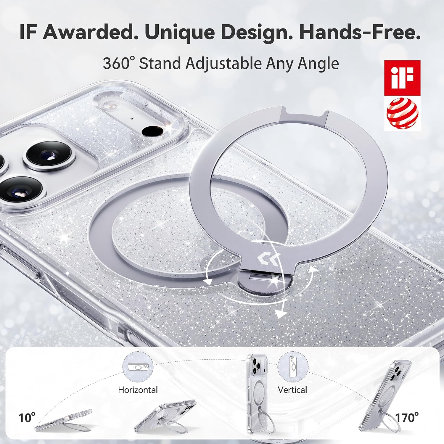 CASEKOO Clear Pearlescent Shimmer 360 Spin Magnetic Stand for iPhone 17 Pro Max Case for Women, Fit for MagSafe, 17FT Drop Protection, Chic Design for 17 Pro Max Case with Stand, Sparkle Clear - Image 3