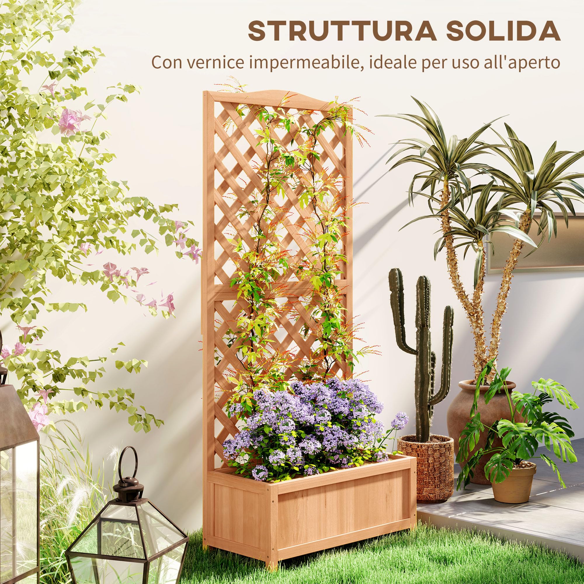 Outsunny Letto per Orto Rialzato da Esterno con Grigliato, Fioriera da Esterno con Traliccio per Piante Rampicanti in Legno di Abete, per Fiori e Verdure, per Giardino e Balcone, 76x36x170 cm, Marrone