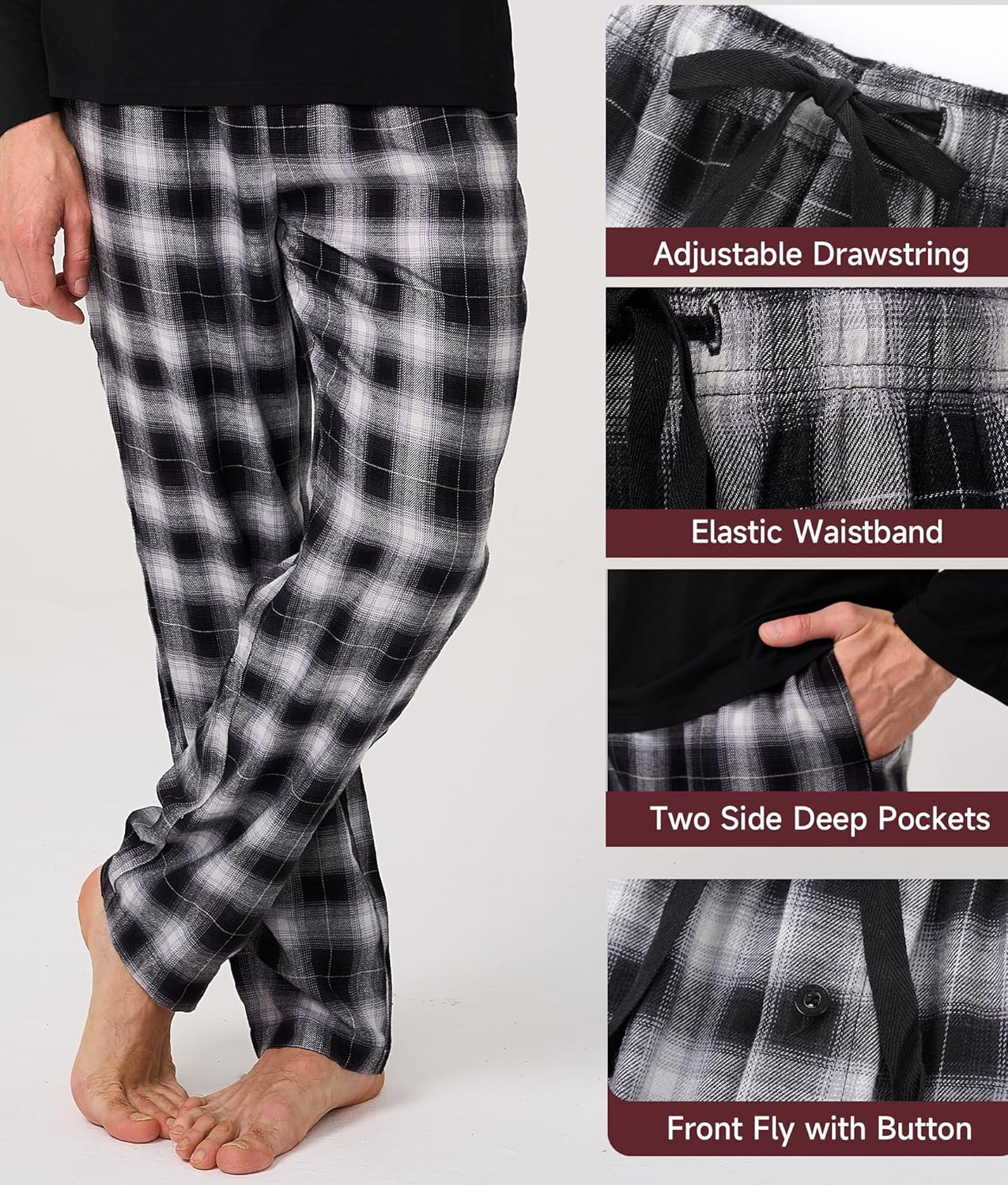 BAMBOO COOL Mens Christmas Pajamas Set Plaid Pjs Pijama Soft Lightweight Sleepwear Long Sleeve Woven Pants with Pockets - Image 5