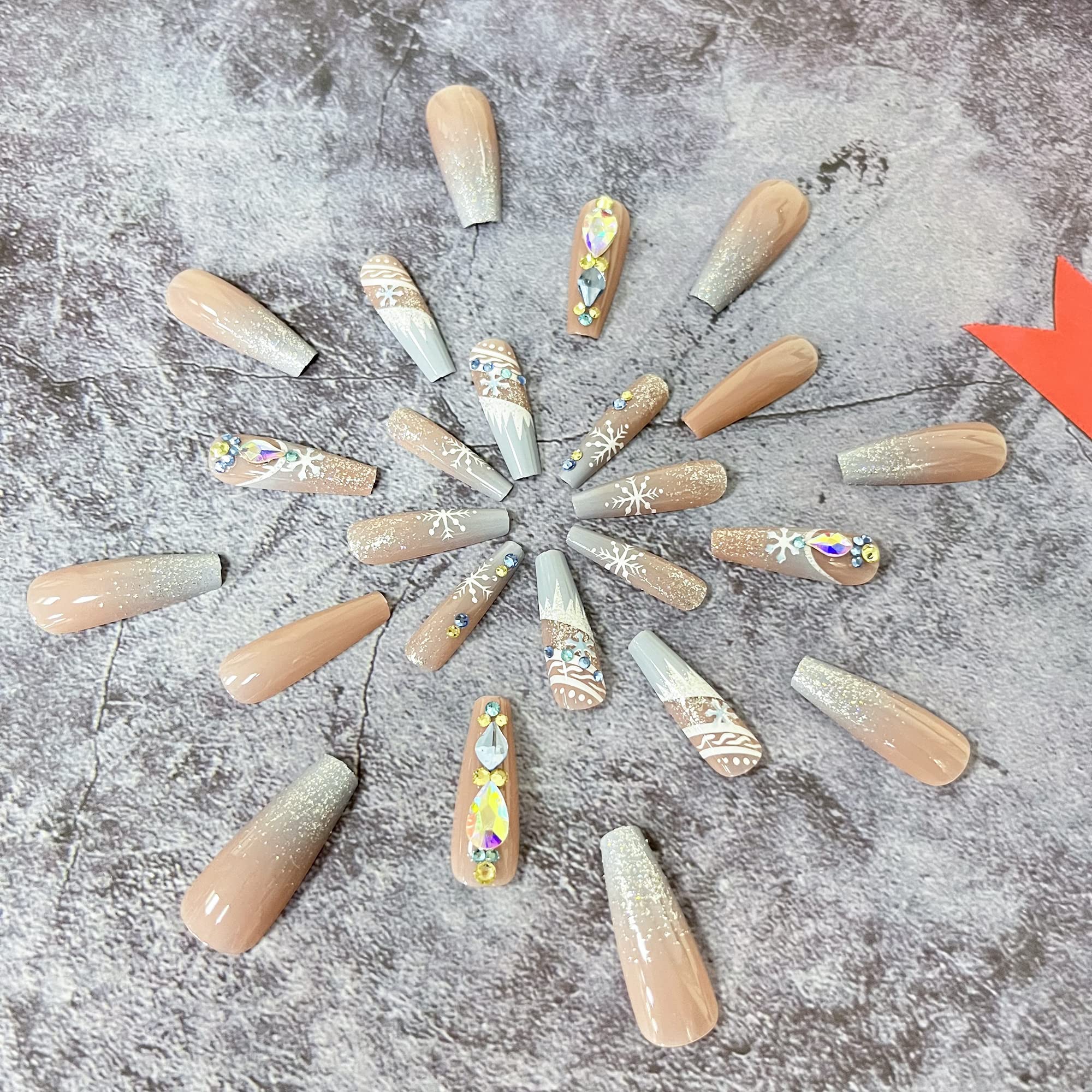 Amazon.com : Christmas Press on Nails Long Coffin Fake Nails Snowflake with  Glitter Full Cover Glossy Acrylic Nails Rhinestone Artificial False Nail  Winter Christmas Glue on Nails for Women and Girls 24Pcs :