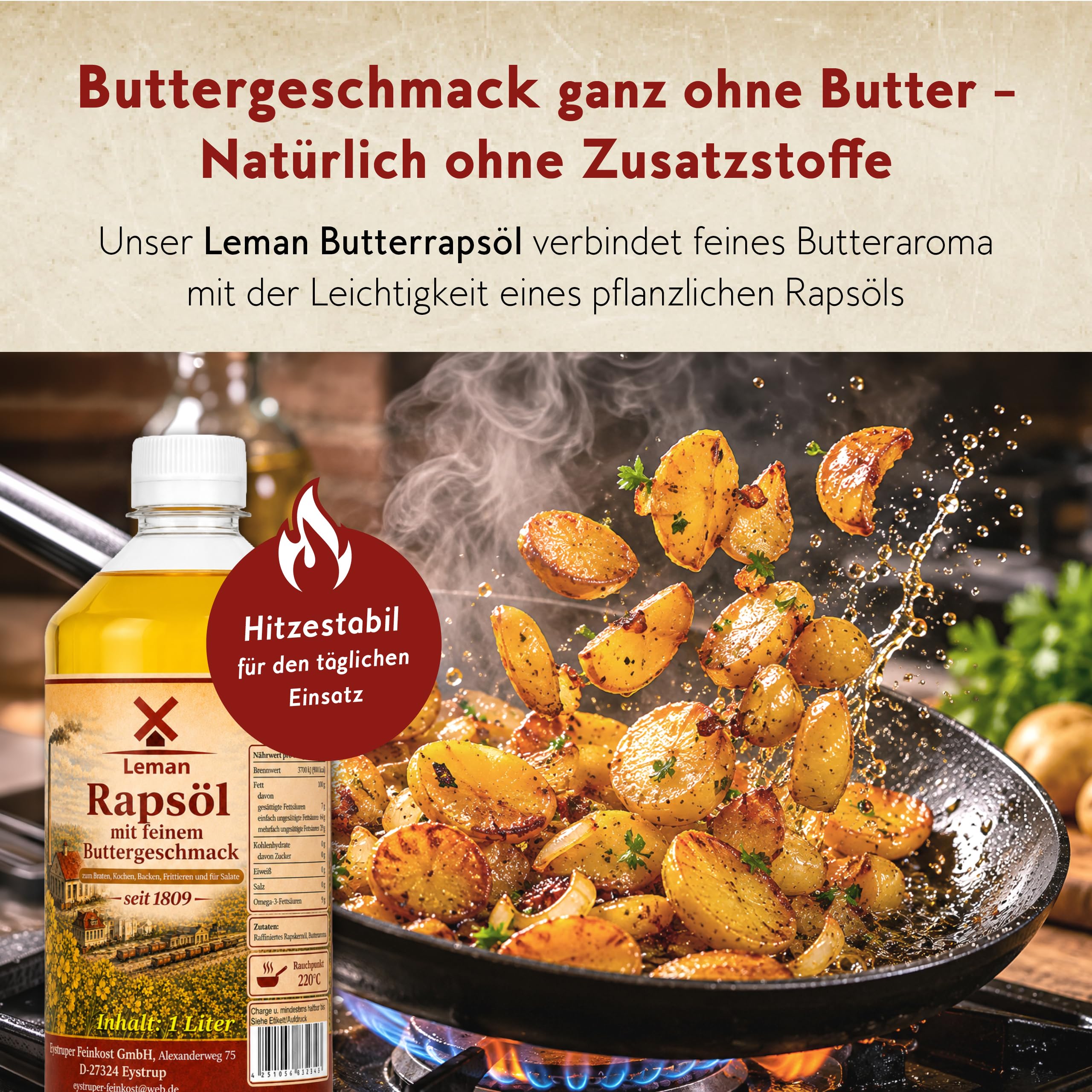 Leman Butterrapsöl (5 Liter Kanister) verschiedene Größen - Veganes Rapsöl mit natürlichem Buttergeschmack – Ideal als Speiseöl, Bratöl, Öl zum Braten – Qualität seit 1809 vom Hersteller