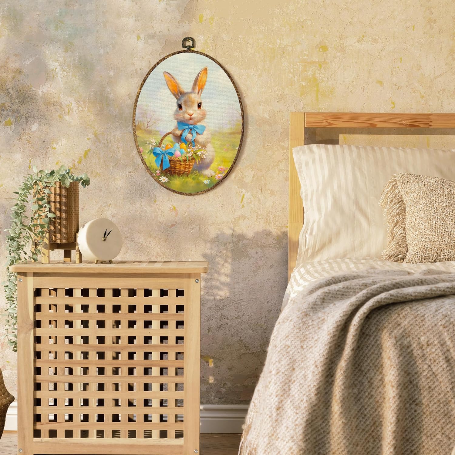 Lengues Easter Bunny Eggs Oval Wall Art Decor, Easter Oval Hanging Wall Decor, Rustic Bunny Canvas Framed Art Prints, Farmhouse Rabbit Bow Hanging Frame for Home Room Decorations 8.5x11.5 Inch