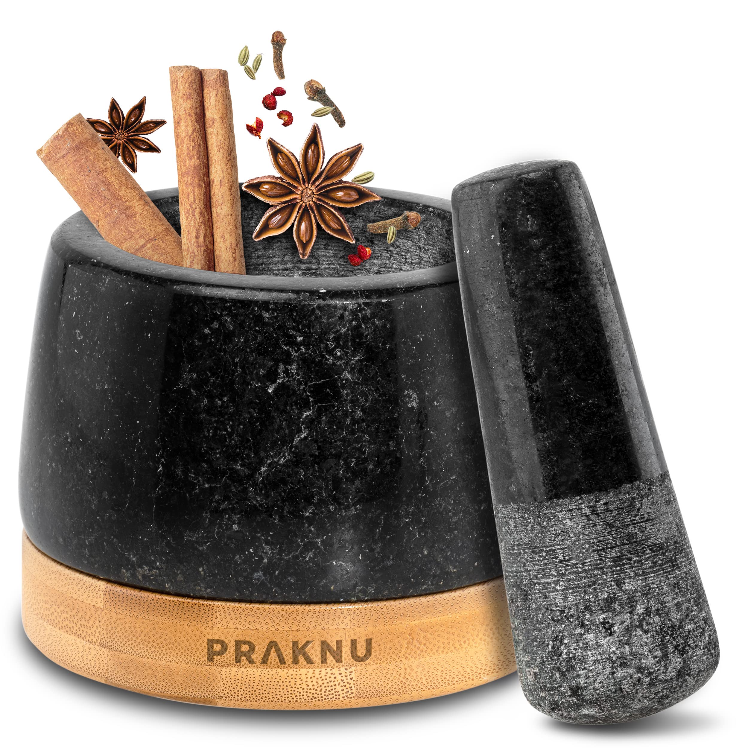 Praknu Mörser aus Granit mit Stößel 10cm - Für ein feines Mahlergebnis - Mit Untersetzer aus nachhaltigem FSC® Holz - Leicht zu Reinigen - Klein