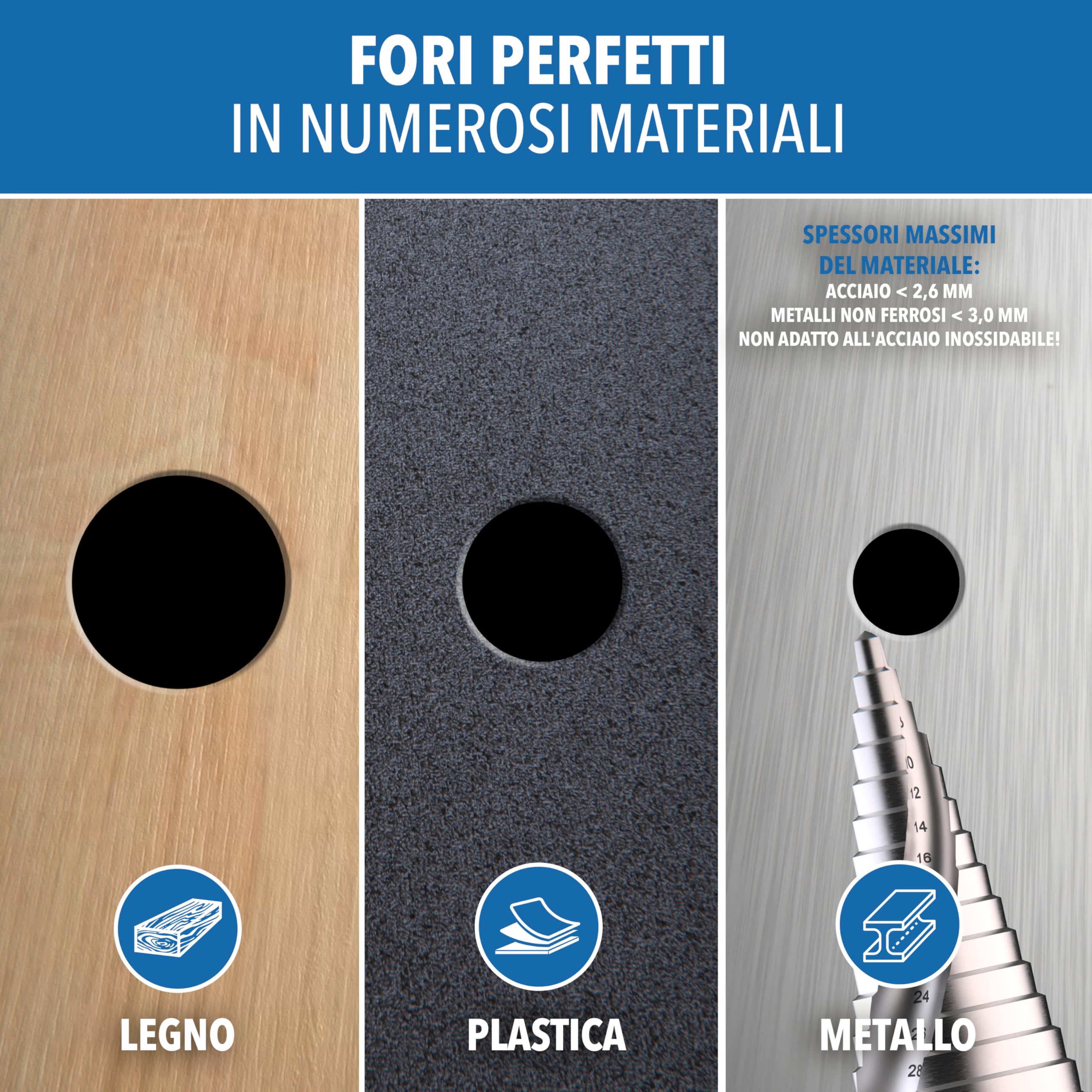 Trapano a gradini professionali in acciaio HSS – [15 gradini | Ø 4 – 32 mm] – Punta conica, pelapatate, metallo, trapani a buca, punte per lamiera, fresa, fresa a fori