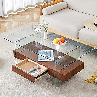 Glass Coffee Table, Wood Rectangle Coffee Table for Living Room with Storage, 43.3 Inches Modern 2-Tier Center Table, Dark Wooden Texture Shelf and Tempered Glass Top,Used for Living Room，Office