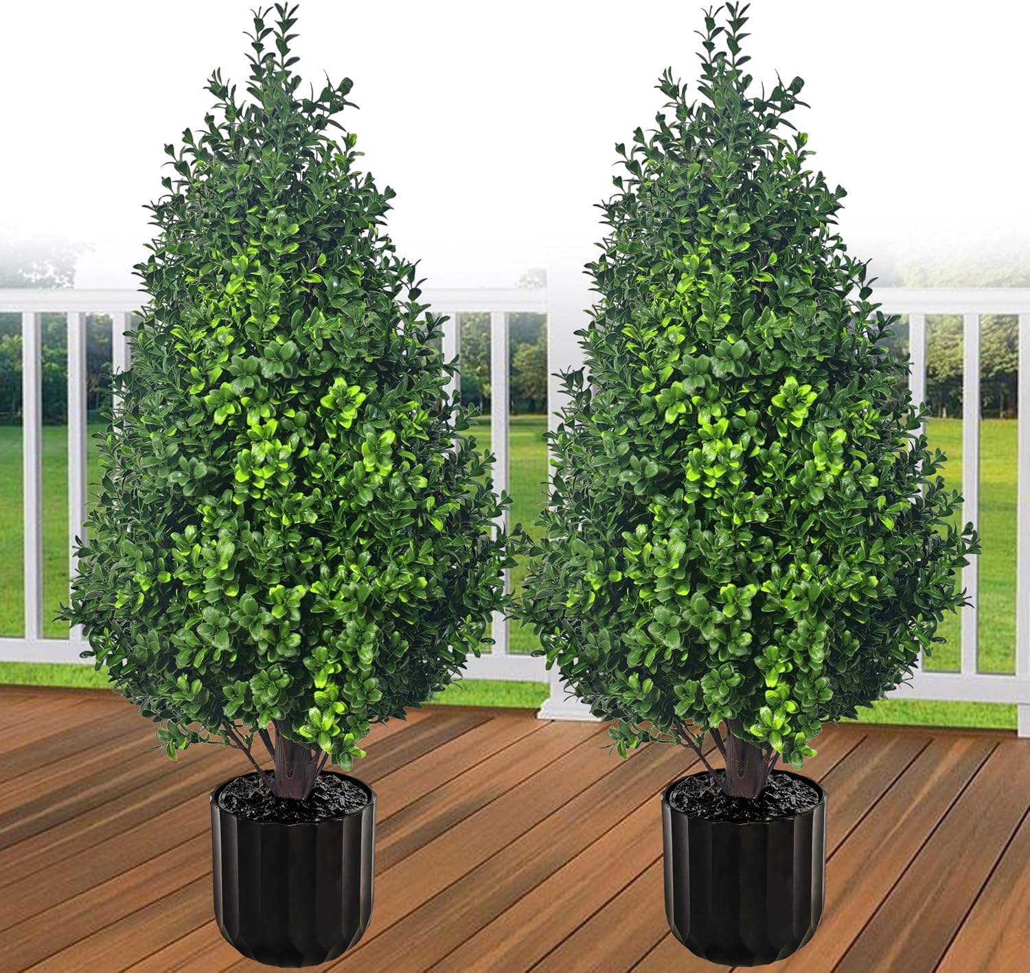 Set of 2 Artificial Potted Plants Boxwood Trees Outdoor Indoor Artificial Topiary Tree with Planter,2.3FT Potted Faux Bushes Evergreen Fake Trees Outside Realistic for Porch Offices Balcony Garden