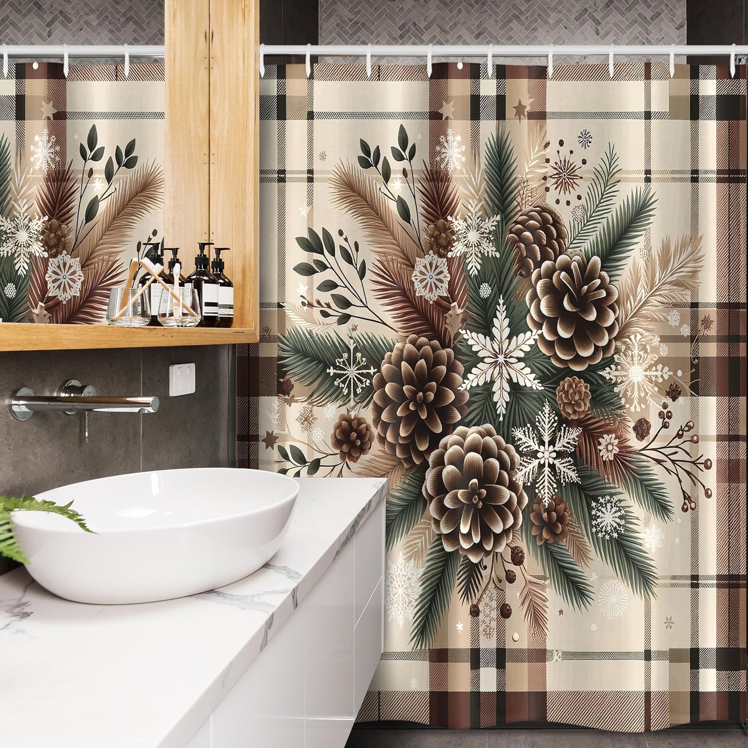 Ambesonne Christmas Stall Shower Curtain, Traditional Xmas Pinecone and Leaves Ornate on Plaid Background Print, Fabric Bathroom Decor Set with Hooks, 54" W x 78" L, Cocoa Brown Sage Green
