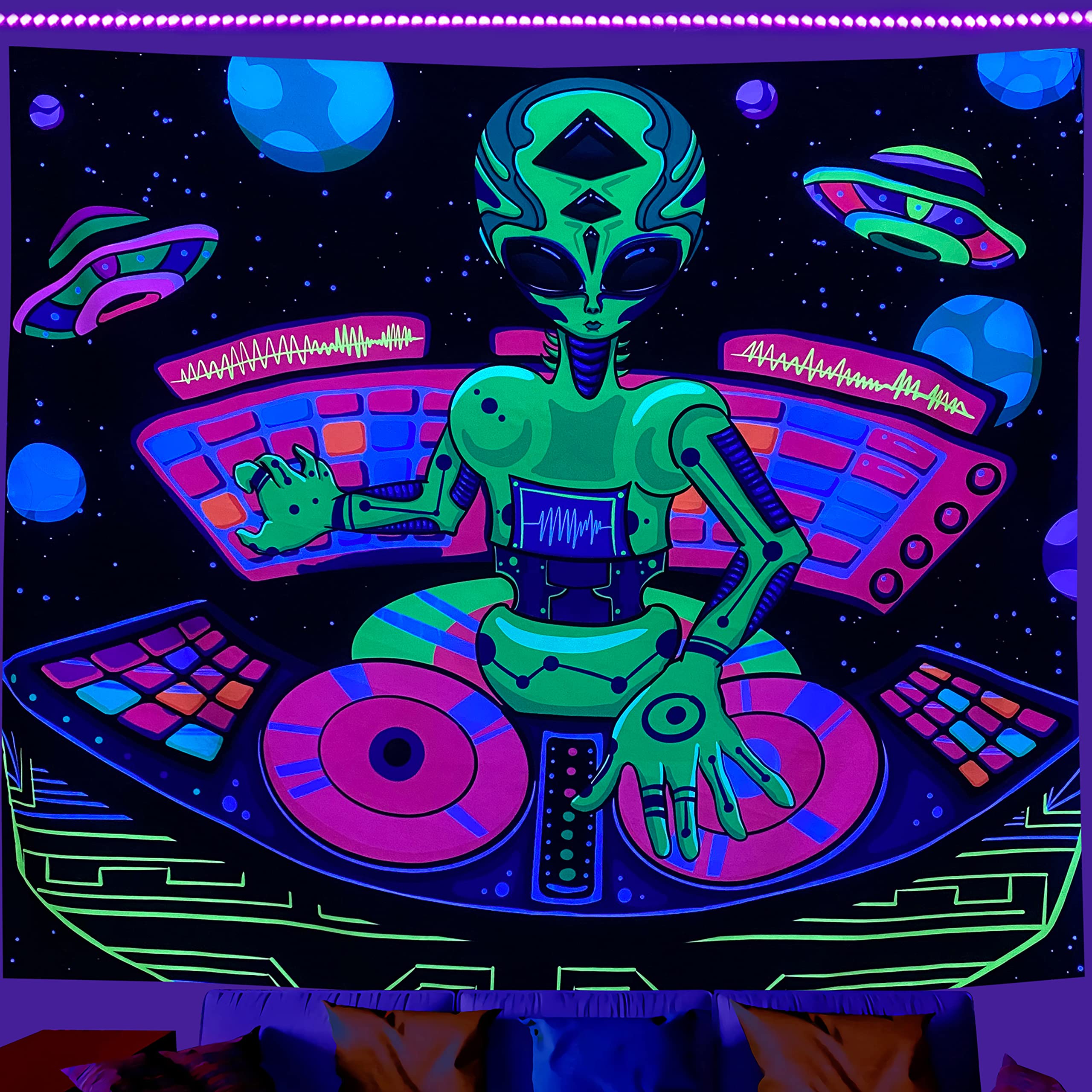 Bimwxuy Black Tapestry For Bedroom Funny Alien Dj Light Tapestry Aesthetic Room Decor Wall Uv Reactive Light Posters Glow In The Dark Hippie Trippy Tapestries For Room 60X51 Inches