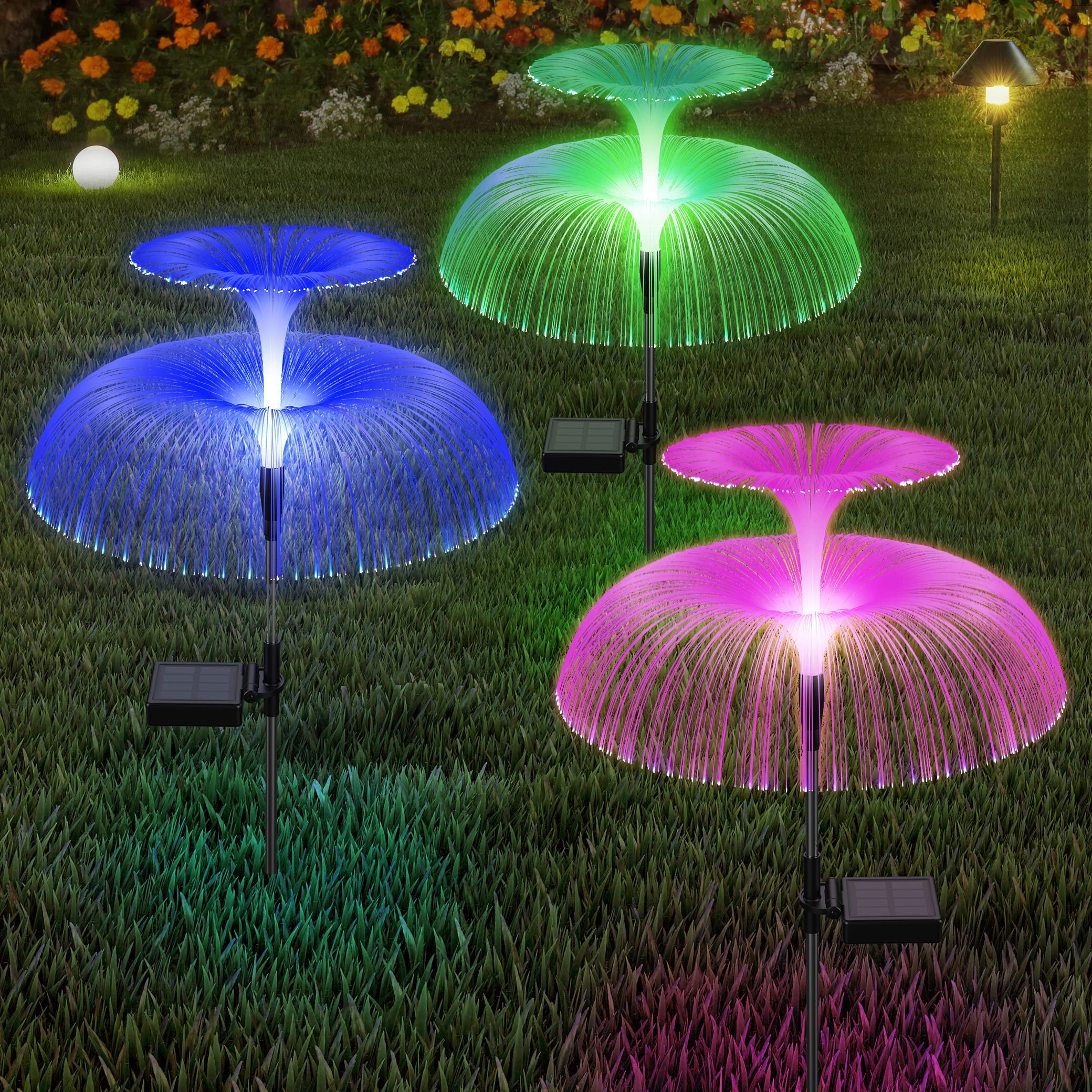MAKINGTECDouble-Layer Jellyfish Solar Yard Lights, Solar Flower Lights Outdoor Garden, Outside 7 Color Changing Decoration, Waterproof Decorative Stake Fiber Light for Landscape Pathway Patio, 3 Pack