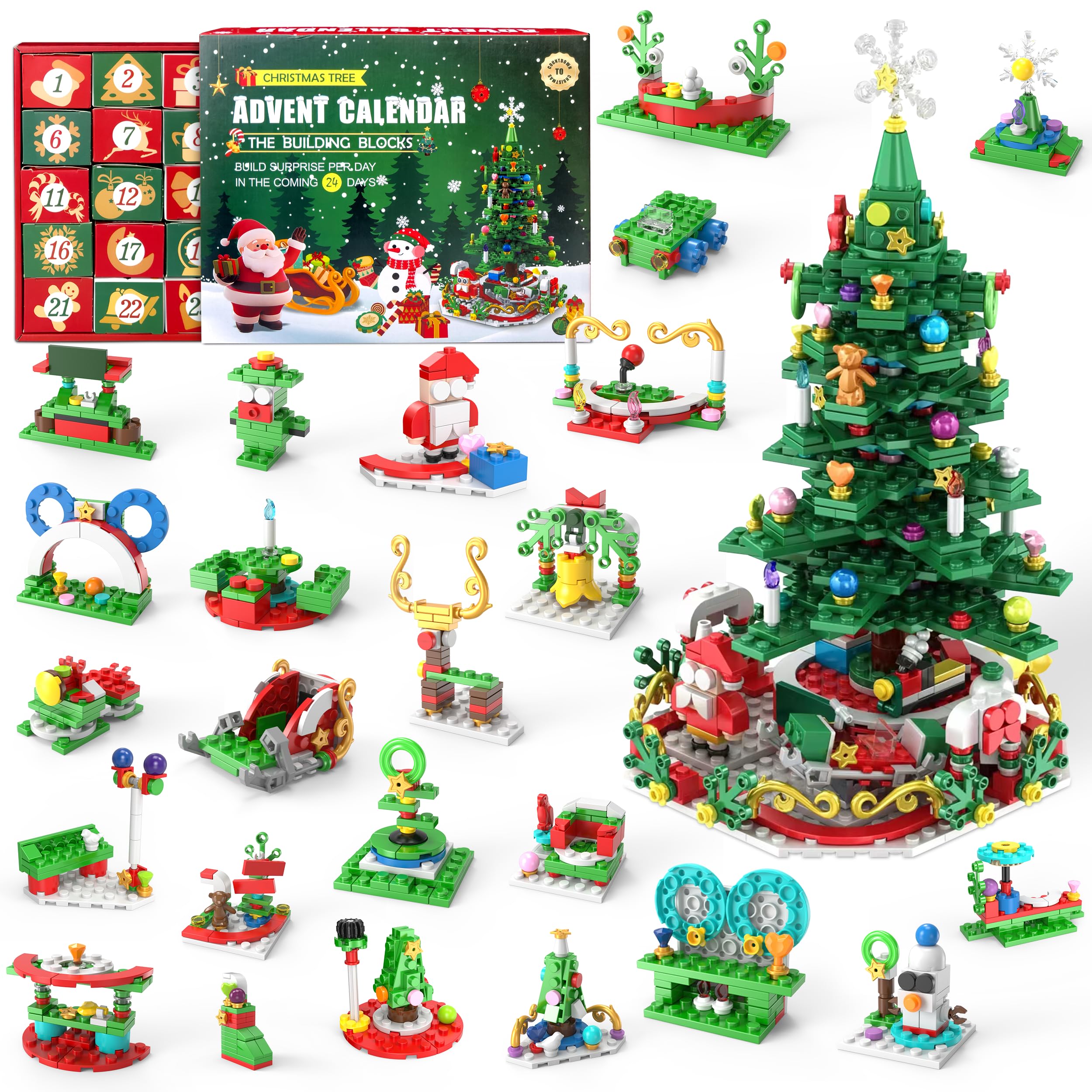 LINAYE Advent Calendar 2024, Christmas Tree Building Blocks Set for Kids Teen Adults, 24 Days Christmas Countdown Calendar, Christmas Building Toys, Christmas Advent Gifts for Boys Girls Women Men