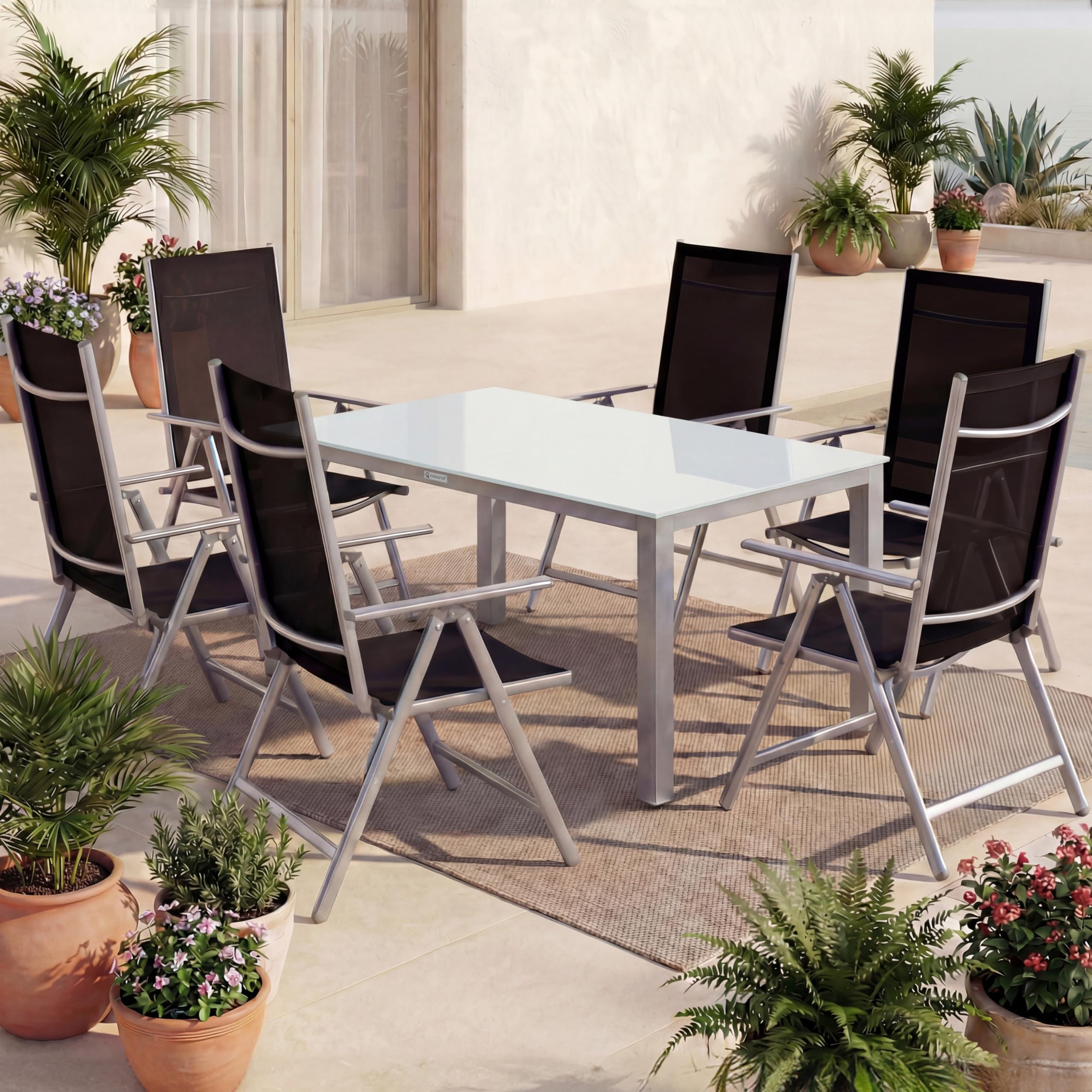 CASARIA Comedor de Jardín Bern 6+1 Aluminio 1 Mesa 150x90 y 6 Sillas Plegables 8 Posiciones Plata 7Pzs