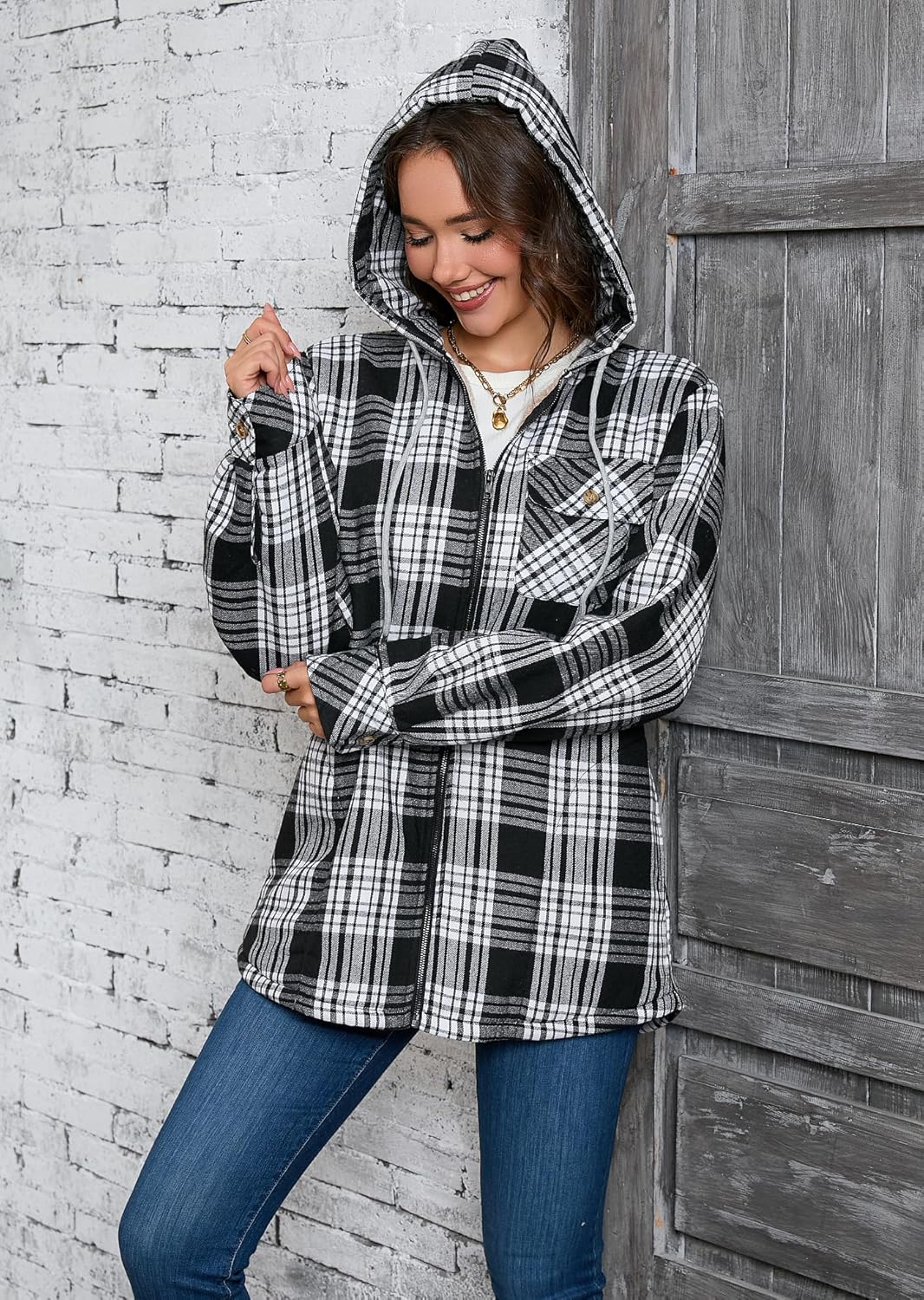 Elesuit Women's Full Zip Fleece Flannel Jacket Plaid Hooded Jackets Sherpa Lind Hoodies for Women - Image 5