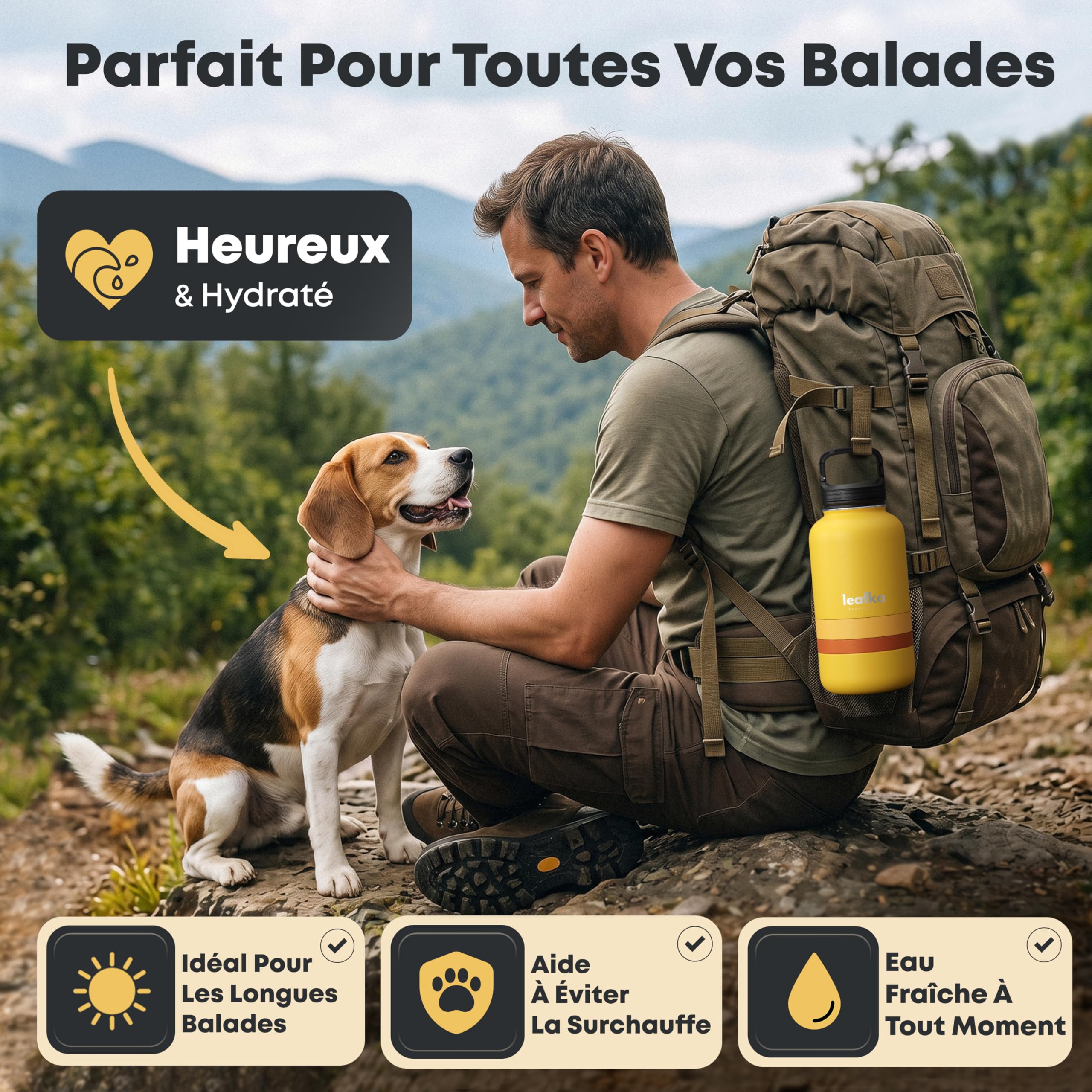 3-in-1-Hundeflasche mit Wassernapf und Trockenfach, tragbare Reiseflasche für Hunde und Katzen, Transportflasche für Wasser und Tierfutter (gelb)