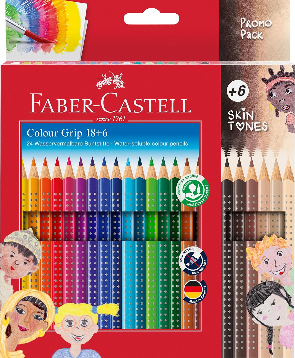FABER-CASTELL Colour Grip 112819 Colouring Pencils Set of 24 Including 6 Skin-Coloured Pencils