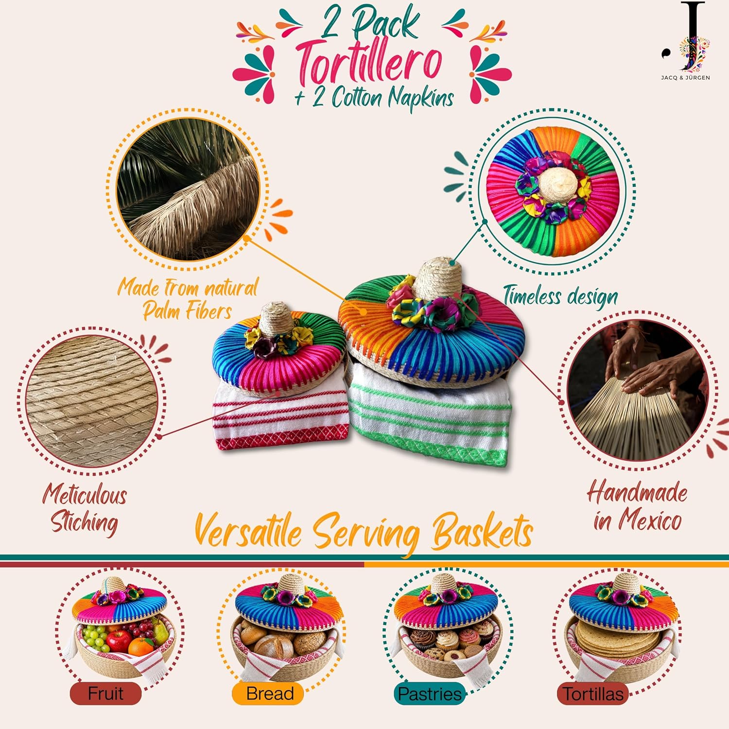 Jacq & Jürgen – 2-Pack Handwoven Mexican Style Palm Baskets with 2 Cotton Tortilla Napkins – 100% Natural Palm