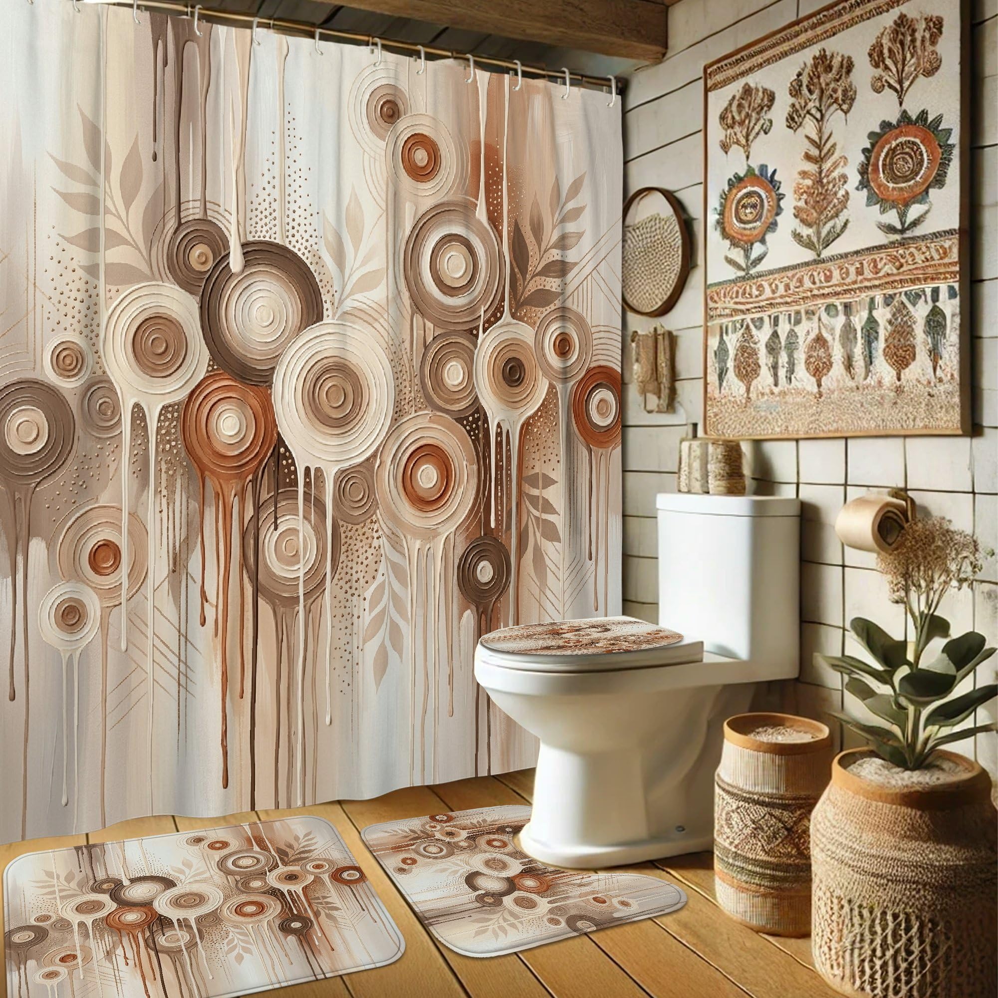 Rideau de douche imperméable motifs cercles feuilles 183x183cm