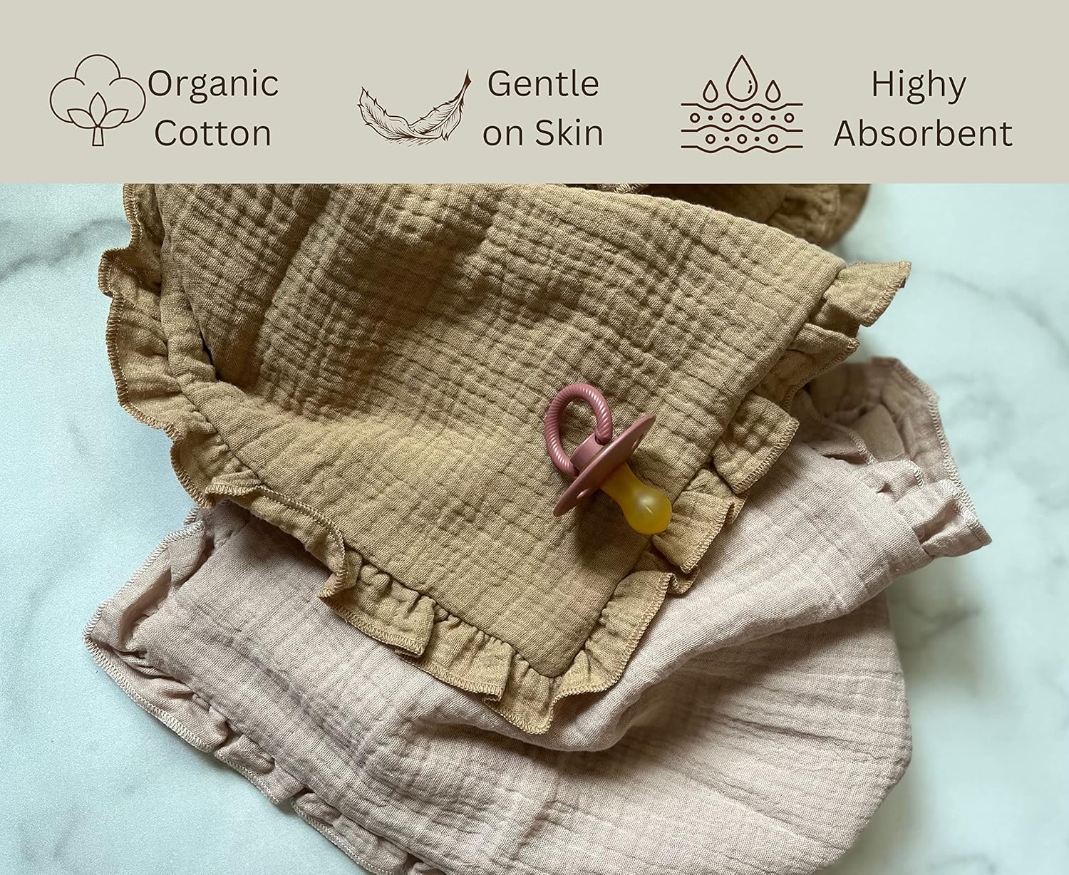 Leyl&Ari Baby Girl Newborn Essentials | Baby Girl Gift | Ruffle Muslin Burp Rags (Dusty Rose & Sand Set)
