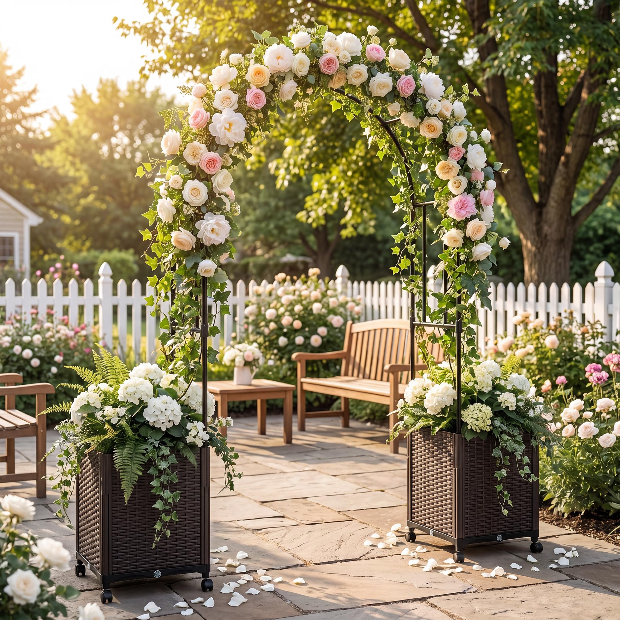 HOMASIS Arco da Giardino con 4 Ruote, Pergolato per Piante Rampicanti da Esterno in Metallo con 2 Fioriere Rimovibili e Foro di Drenaggio, Decorazione per Festa, Matrimonio e Cerimonia