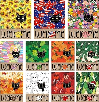 Seasonal Garden Flags Set of 11, Double Sided 12 x 18 Inch Black Cat Yard Flags, Small Flags for Outside, Spring Summer 4th of July Outdoor Flags, Welcome Holiday Garden Flags for All Seasons