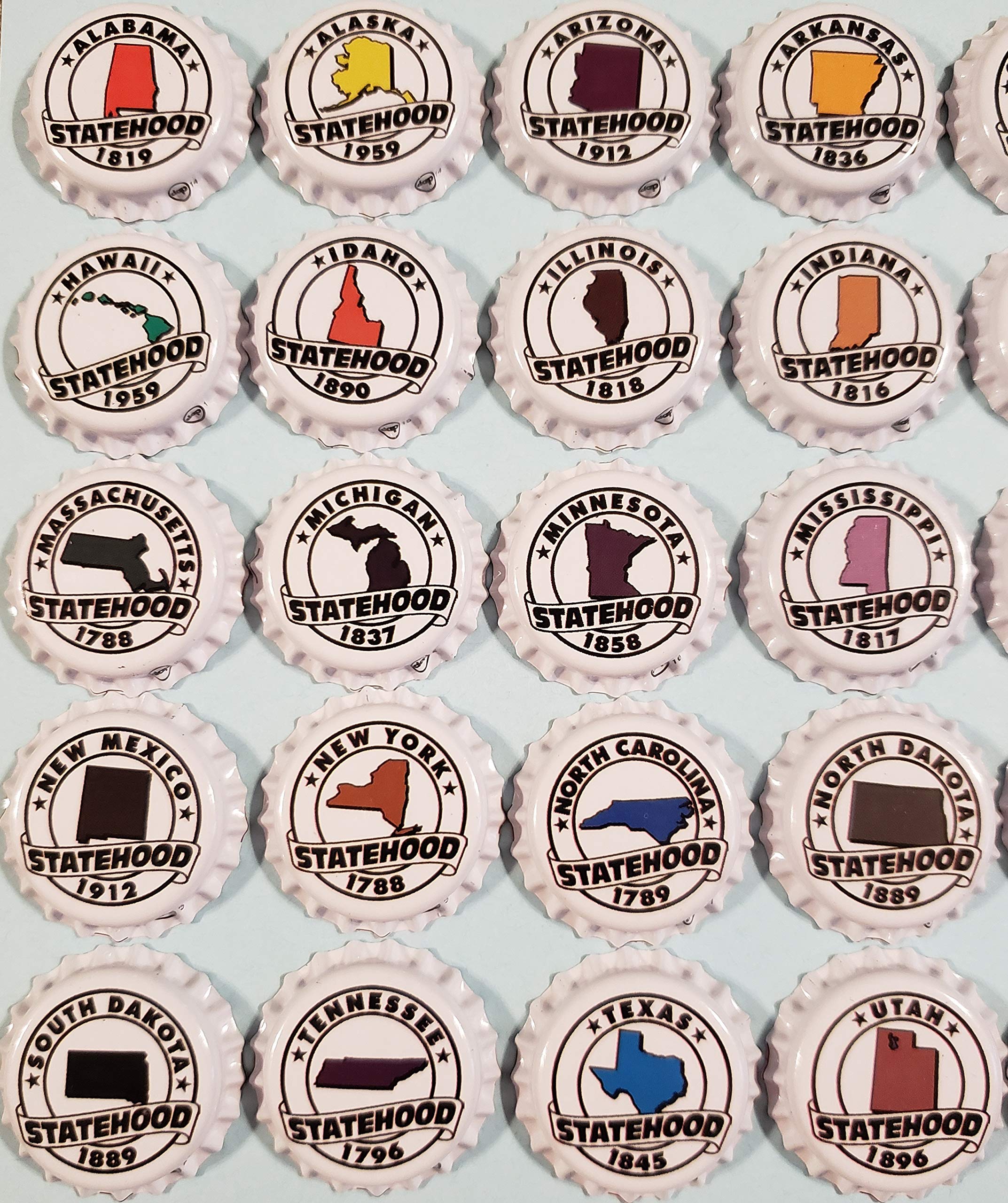 Set of 50 US States Beer Bottle Caps, White, 1.25'' (31.75mm)